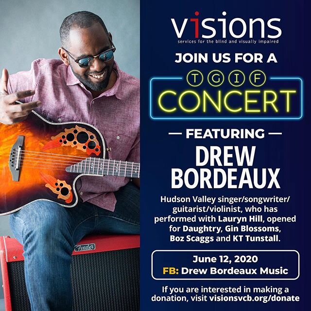 Join me tomorrow night for a great cause! At 8 pm ET on my Facebook page we&rsquo;ll be playing some feel-good music and raising money for @visionsvcb - an organization that provides rehabilitation and social work services for the visually impaired. 