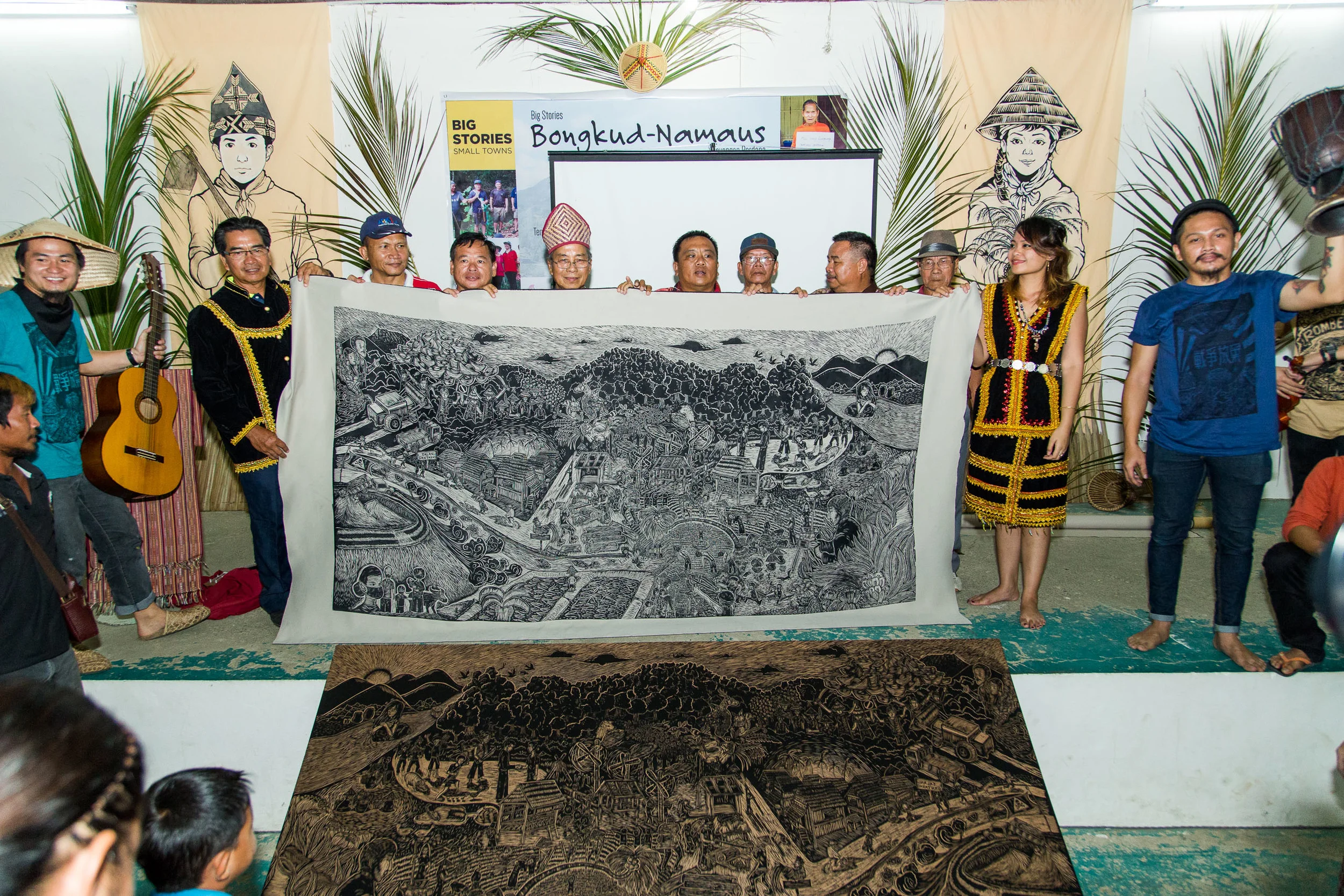 Pangrok Sulap reveal their master woodcut print comprising of stories of Kampung Bongkud. Picture by Jeremiah Sebastian