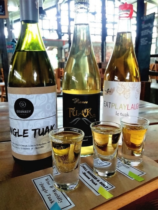 Tuak Trio Platter - The tasting platter features the three varieties of tuak that we currently have at The Granary. Served in the traditional shot glass; it encourages customers to compare and taste the flavours in the humble Sarawak rice wine.