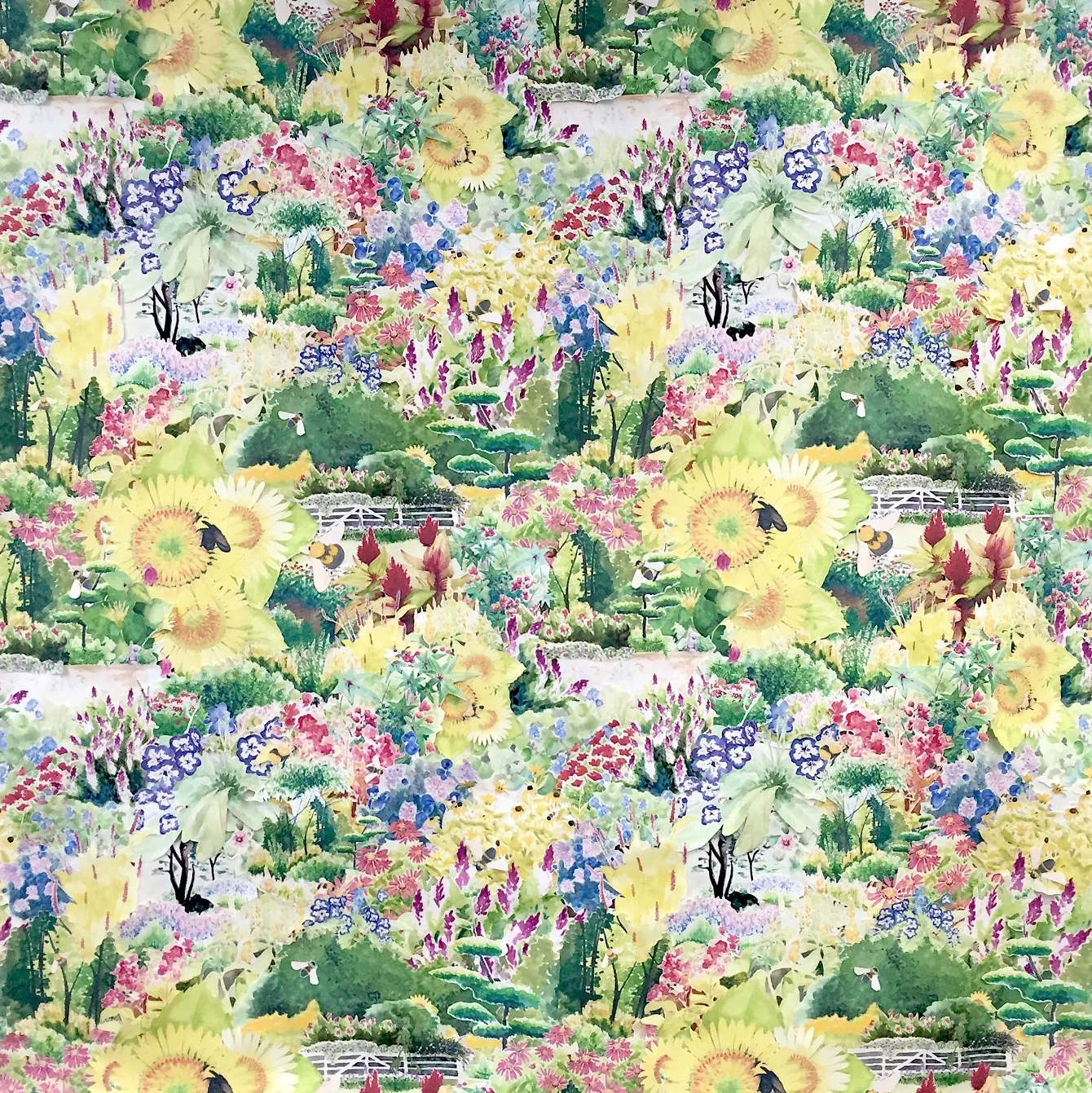 "Wild Countryside" 8ft by 8ft, scans of original watercolor illustration collaged into a two by two repeat