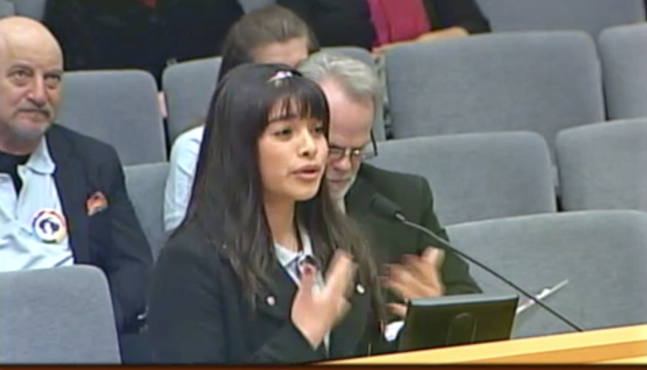 A student at Pathways Community Charter testifies on behalf of her school, which was denied renewal.
