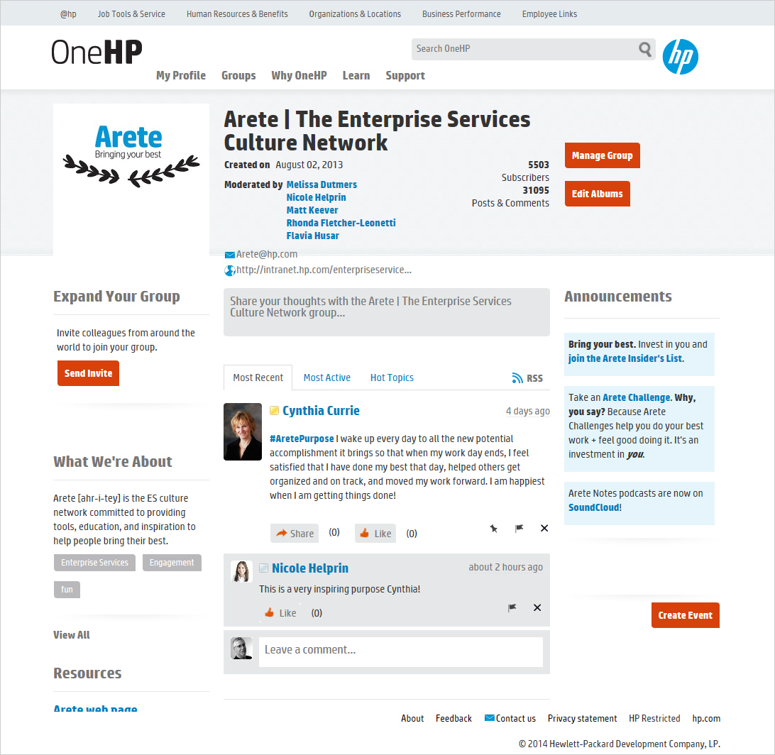 OneHP internal social network - Arete