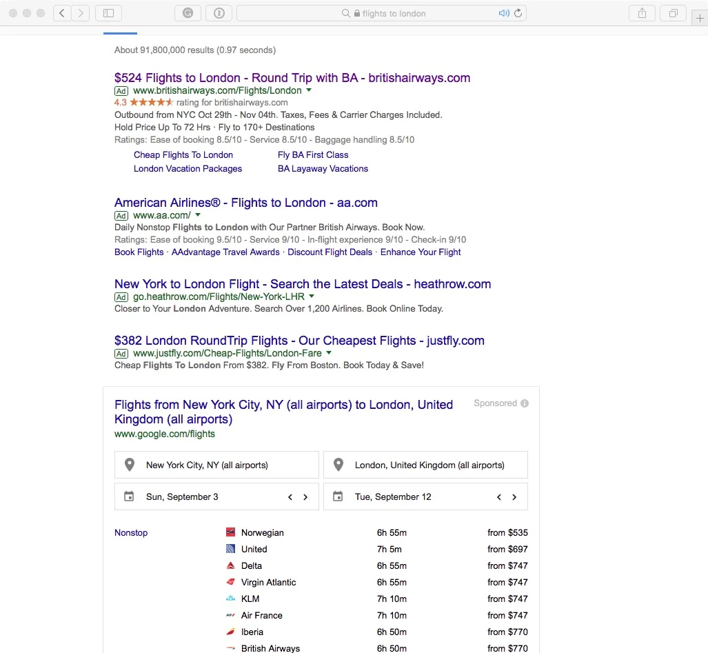 BA vs Google Flights in Search Engine Results Page (Click to Enlarge)