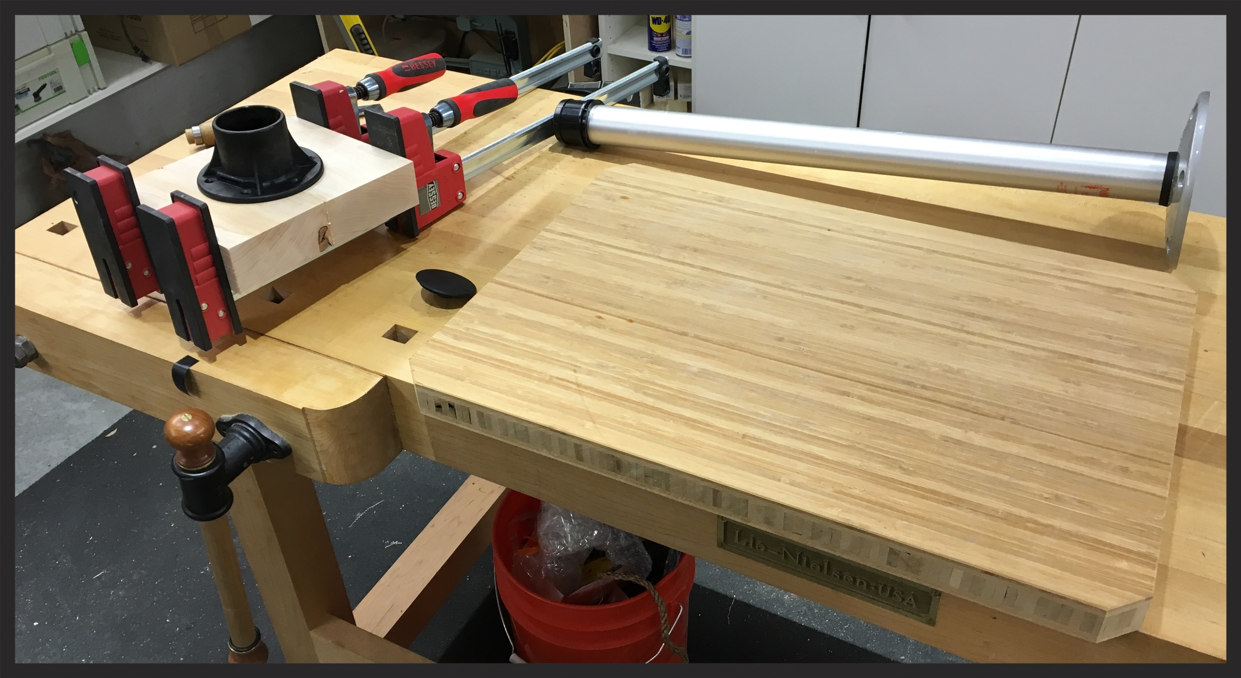 The table pieces. The black receptacle will be mounted to the maple block I'm gluing up. the block glued and screwed to the bottom of the table. 