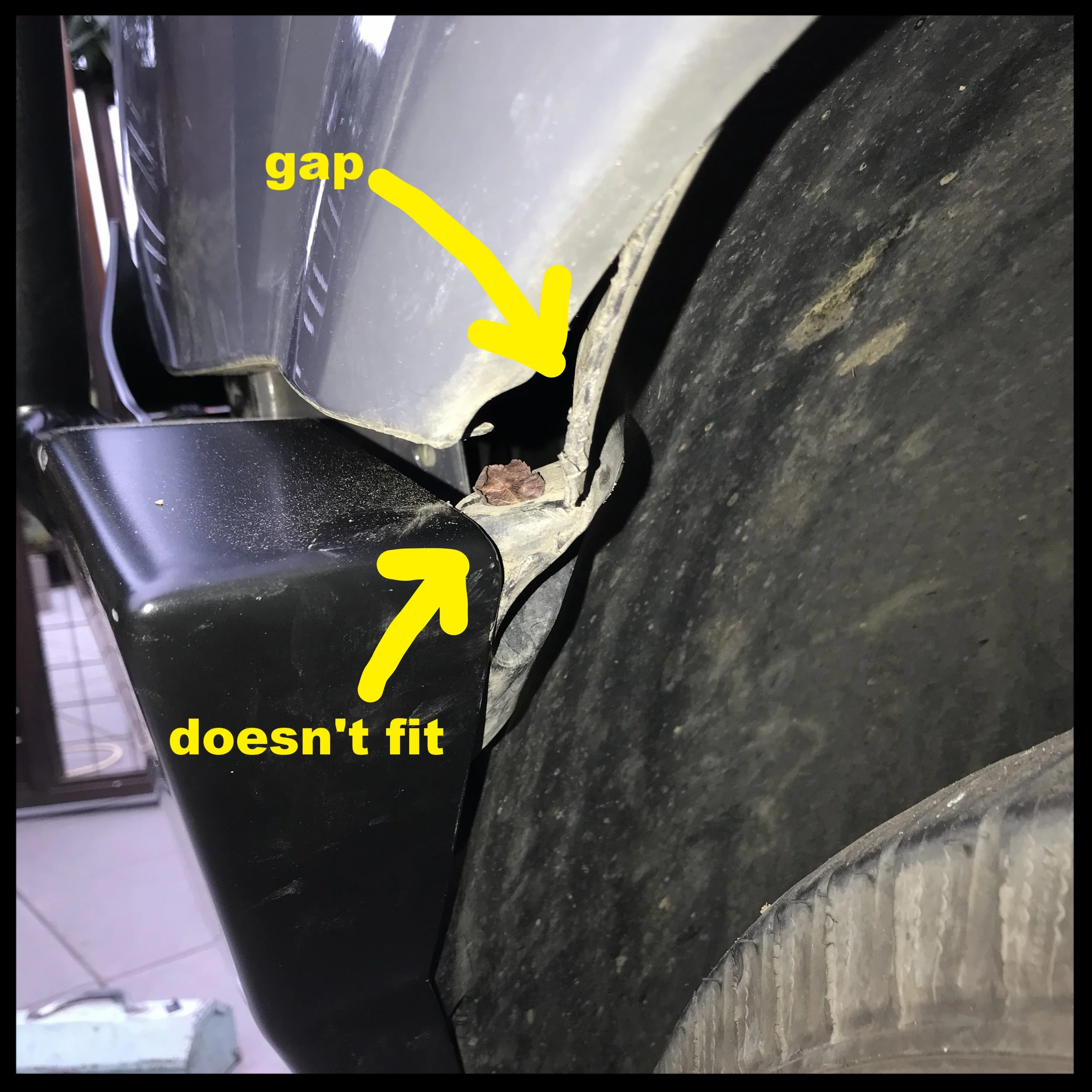 The plastic wheel well will not fit into the bumper, leaving a gap on the corner of the body. I’d have to cut the ;plastic to get it under the new bumper.