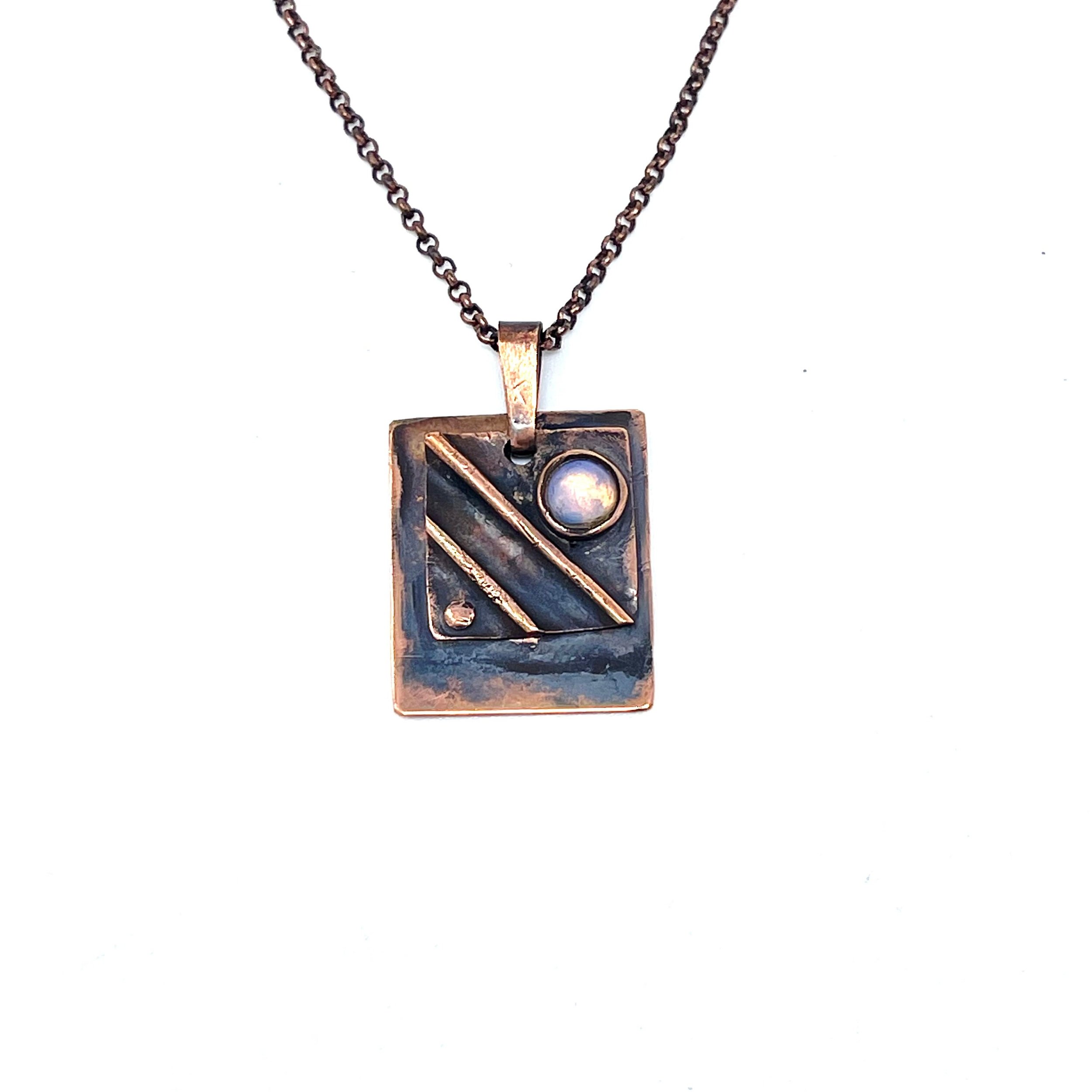 Handmade copper form fold metal work pendant Opalite gemstone — $80