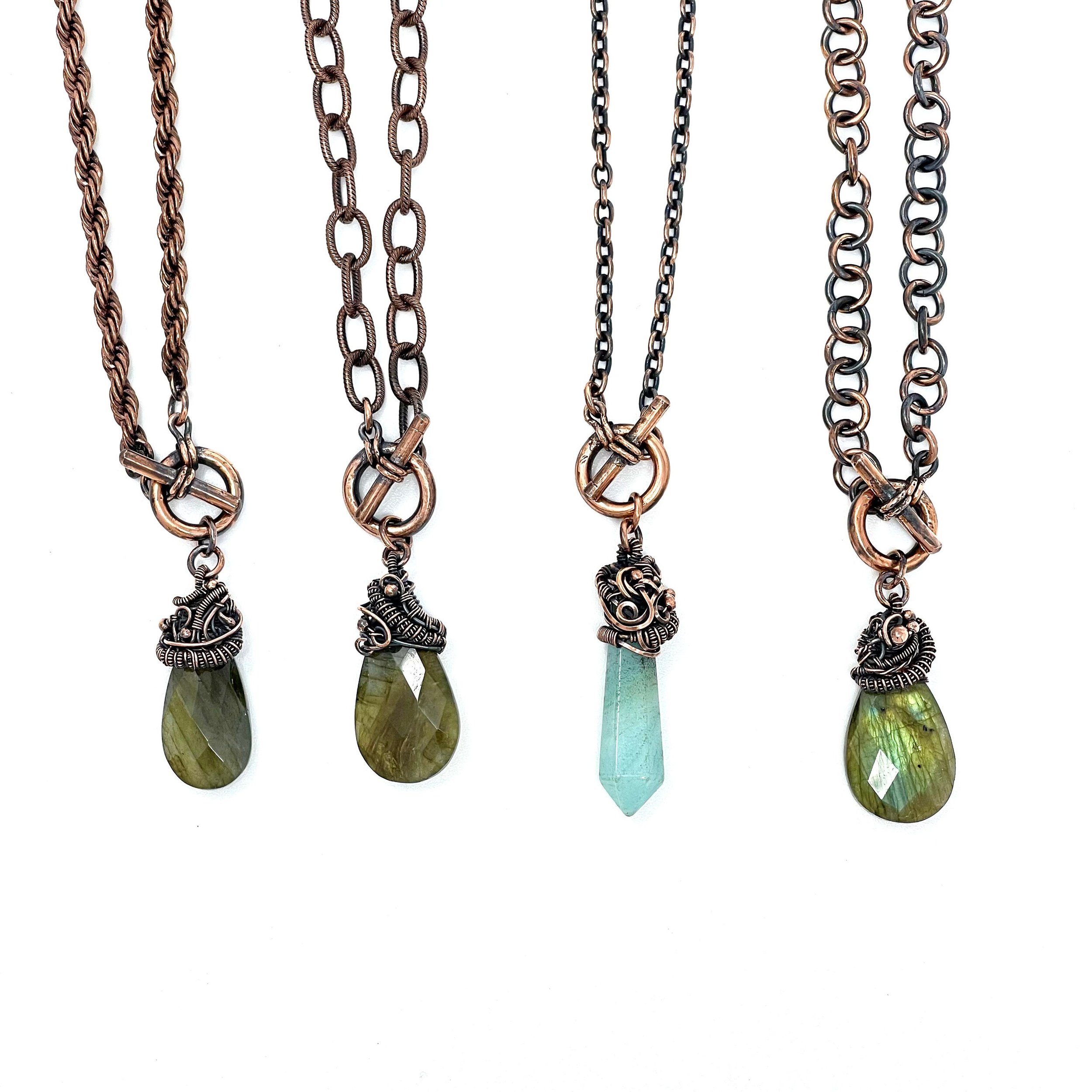 Handmade copper wire wrapped Gemstone chunky necklaces — $50-$60