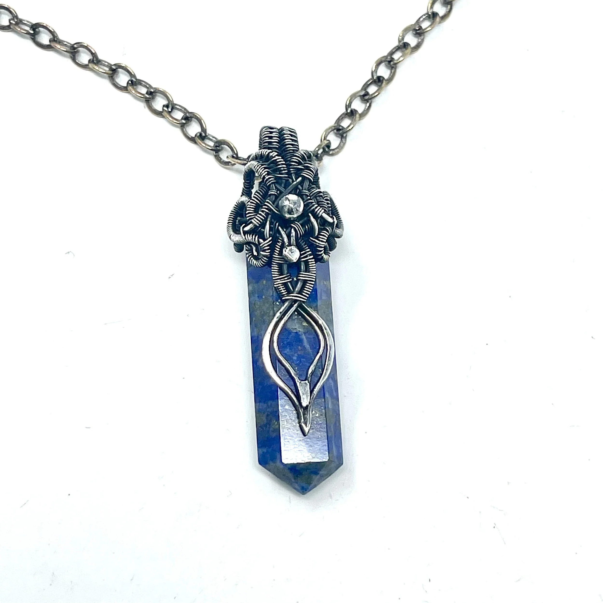 Lapis Lazuli gemstone point Fine silver wire wrapped — $95