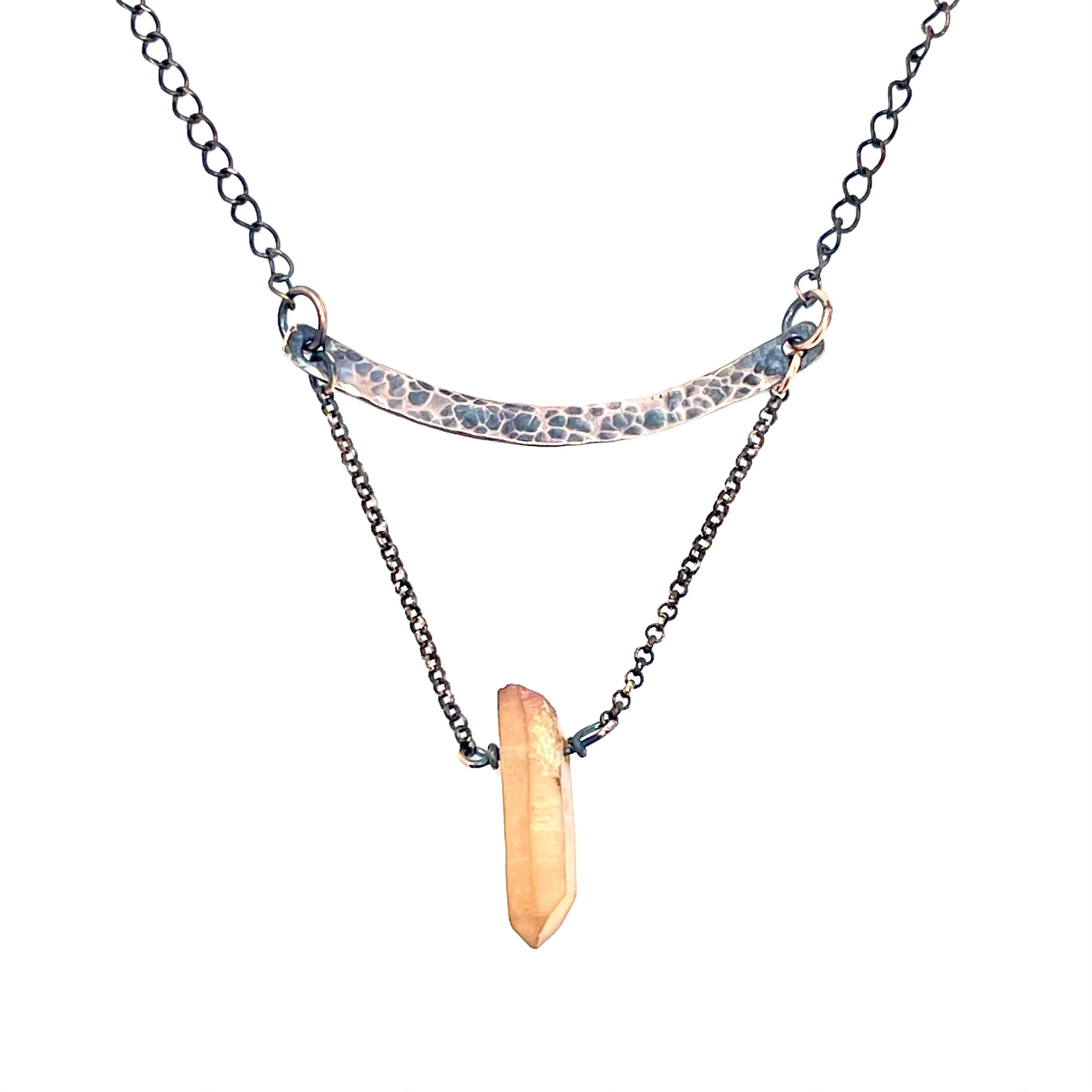 Titanium coated Natural Quartz bar pendant copper handmade — $35