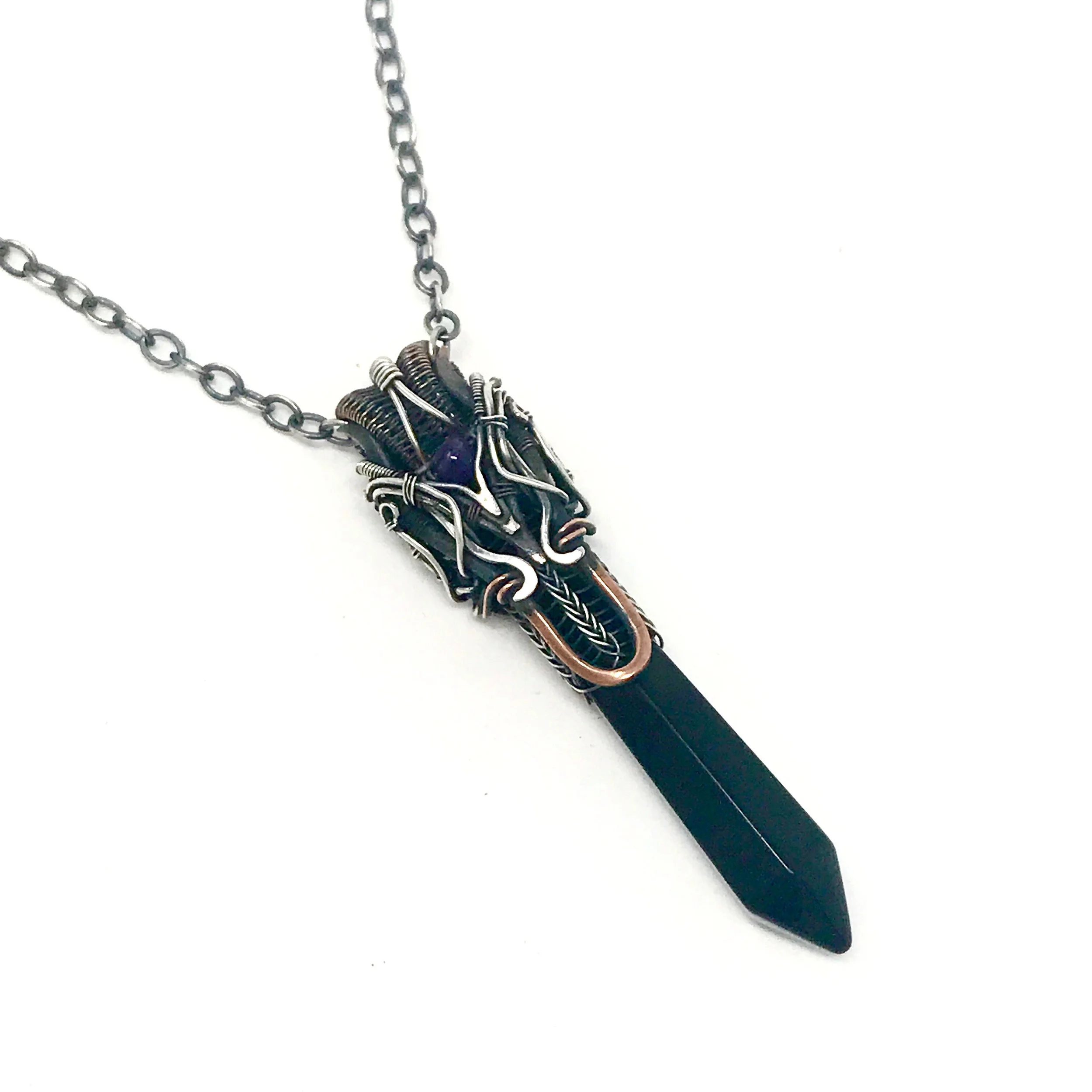 Crystal point, mixed metal wire wrapped Black Agate Gemstone point — $140