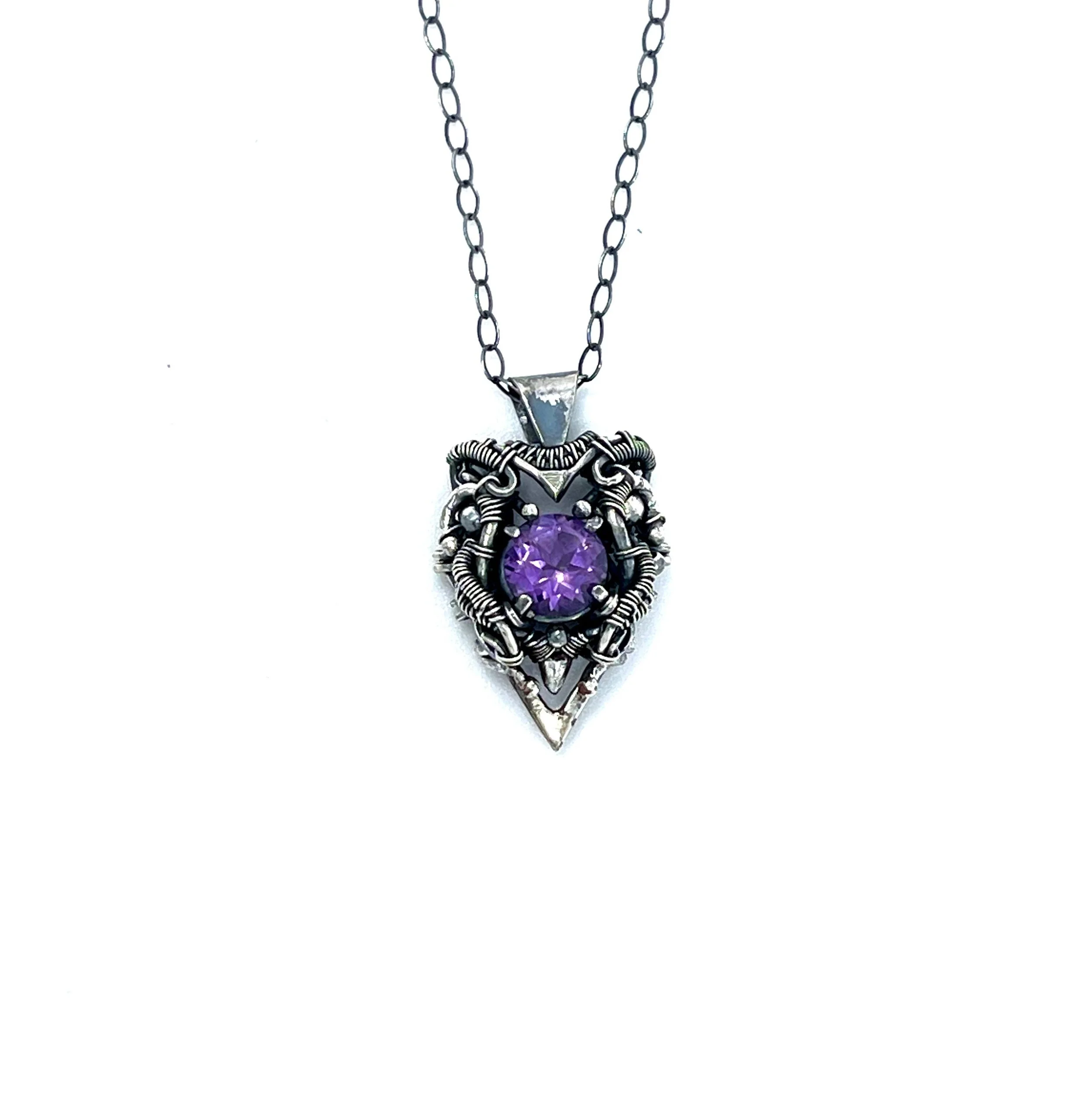 Handmade Fine Silver &amp; Natural Amethyst Pendant - Fantasy-Inspired, Oxidized Antique Finish — $210