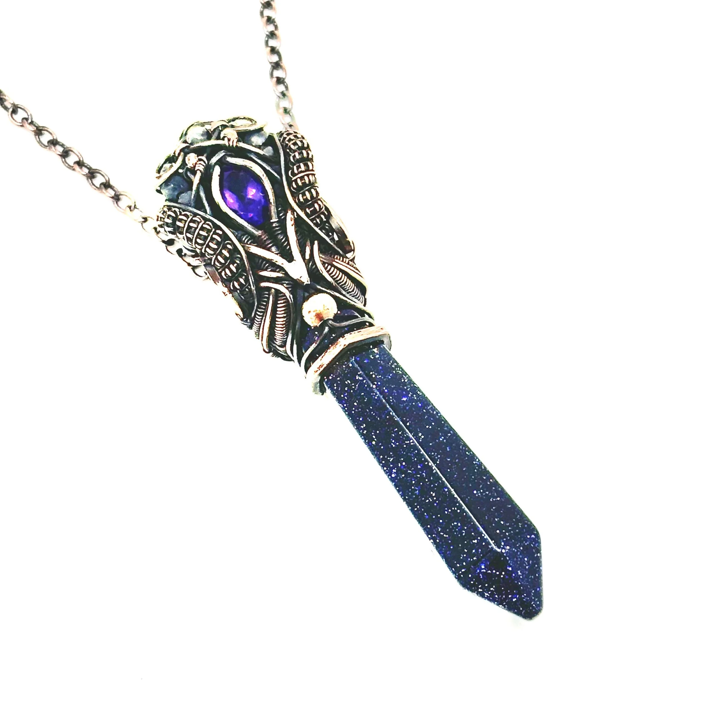 Handmade copper wire wrapped Blue Goldstone crystal point with Natural Amethyst Crystal — $120
