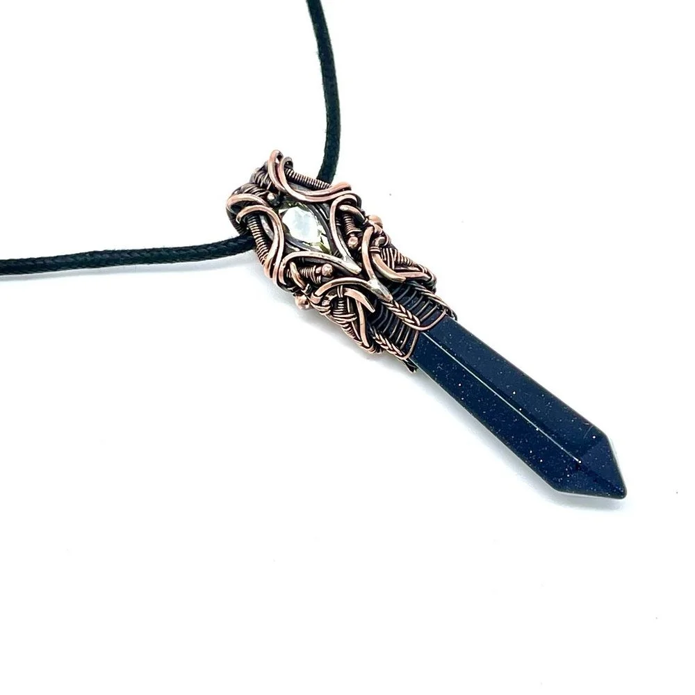 Blue Goldstone Natural clear Quartz Crystal point handmade — $120