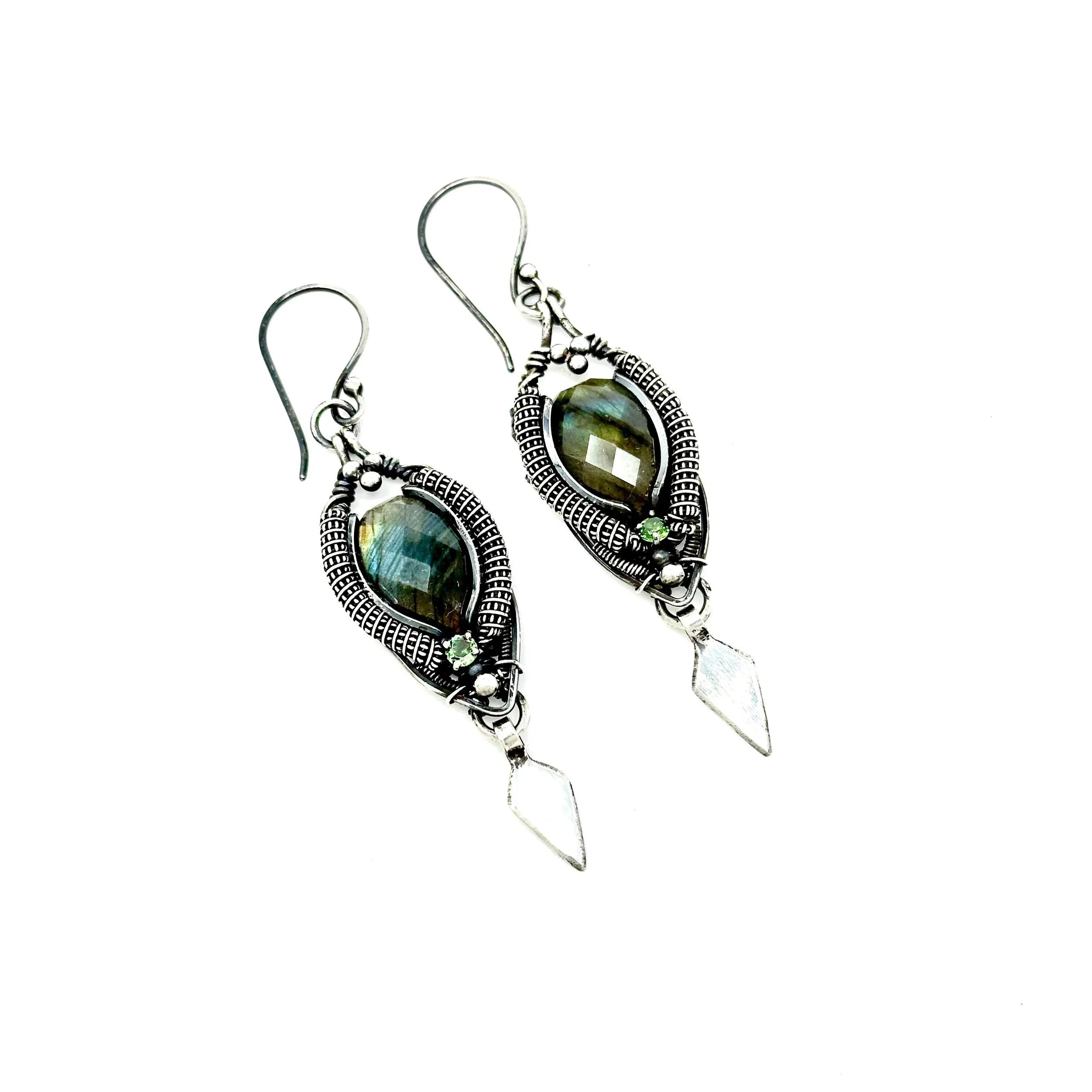 Handmade Sterling Silver Earrings with Labradorite and Peridot Gemstones — $210