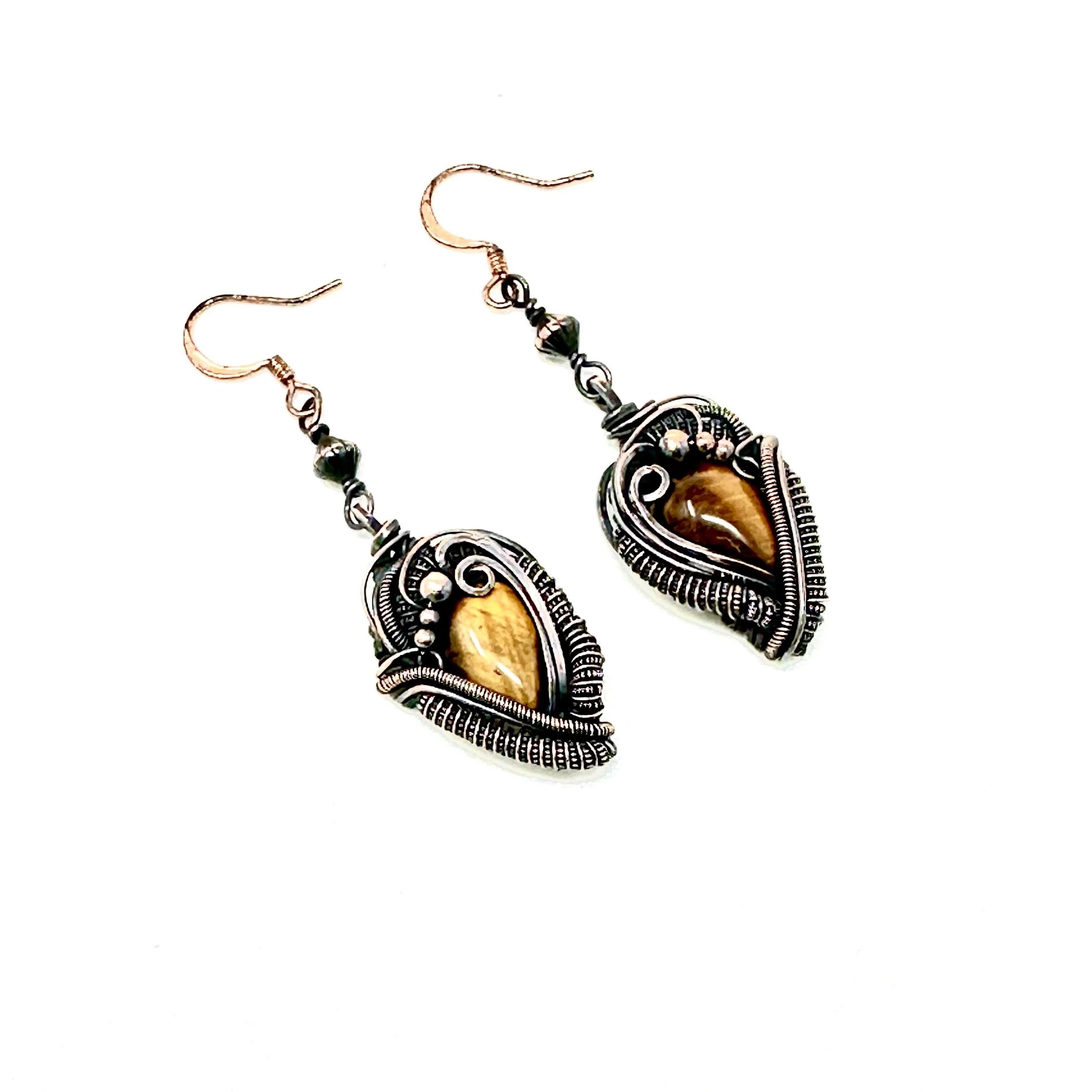 Handmade Wire Wrapped Tiger's Eye Gemstone Earrings in Copper — $115