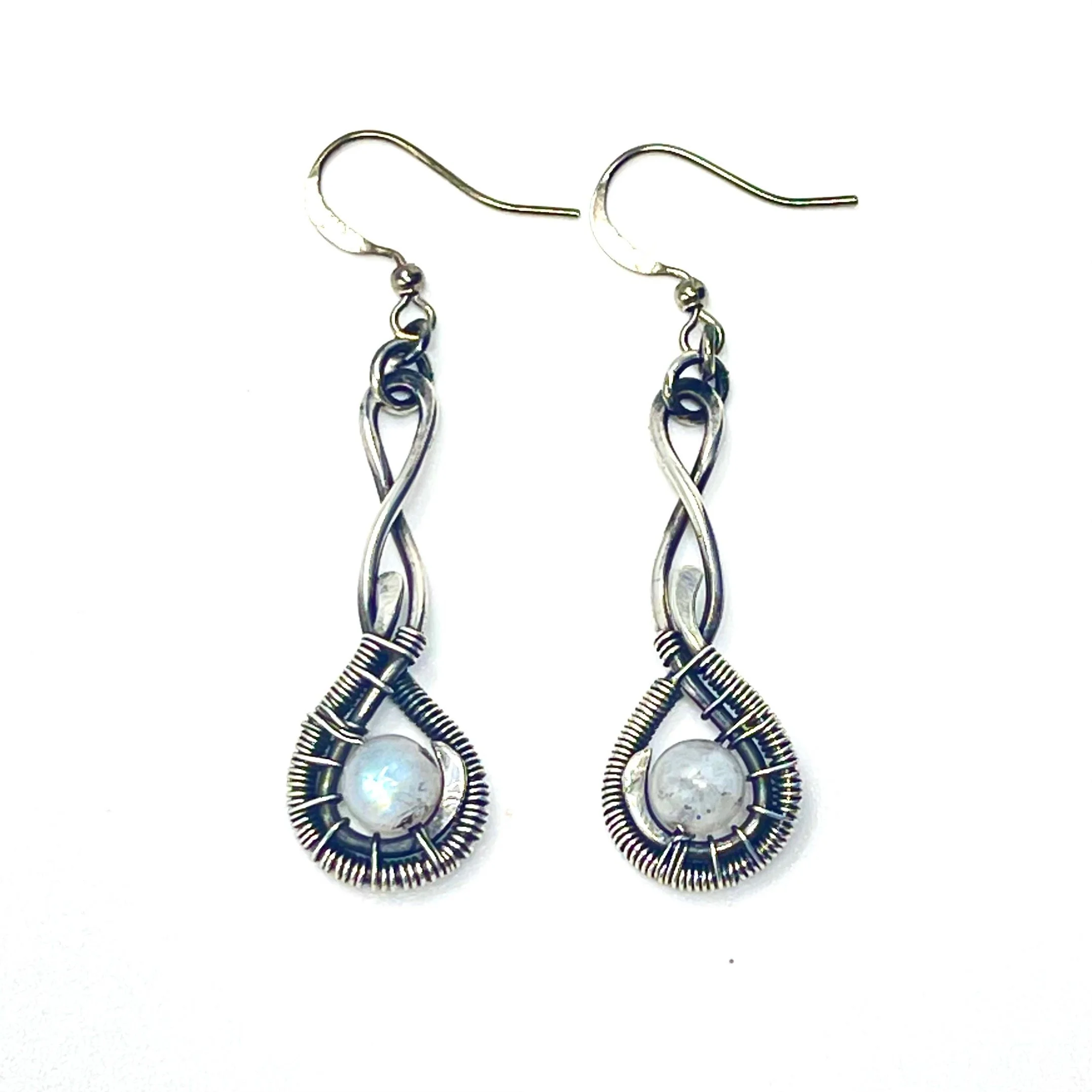 Handmade fine silver wire wrapped Moonstone gemstone bead earrings — $44