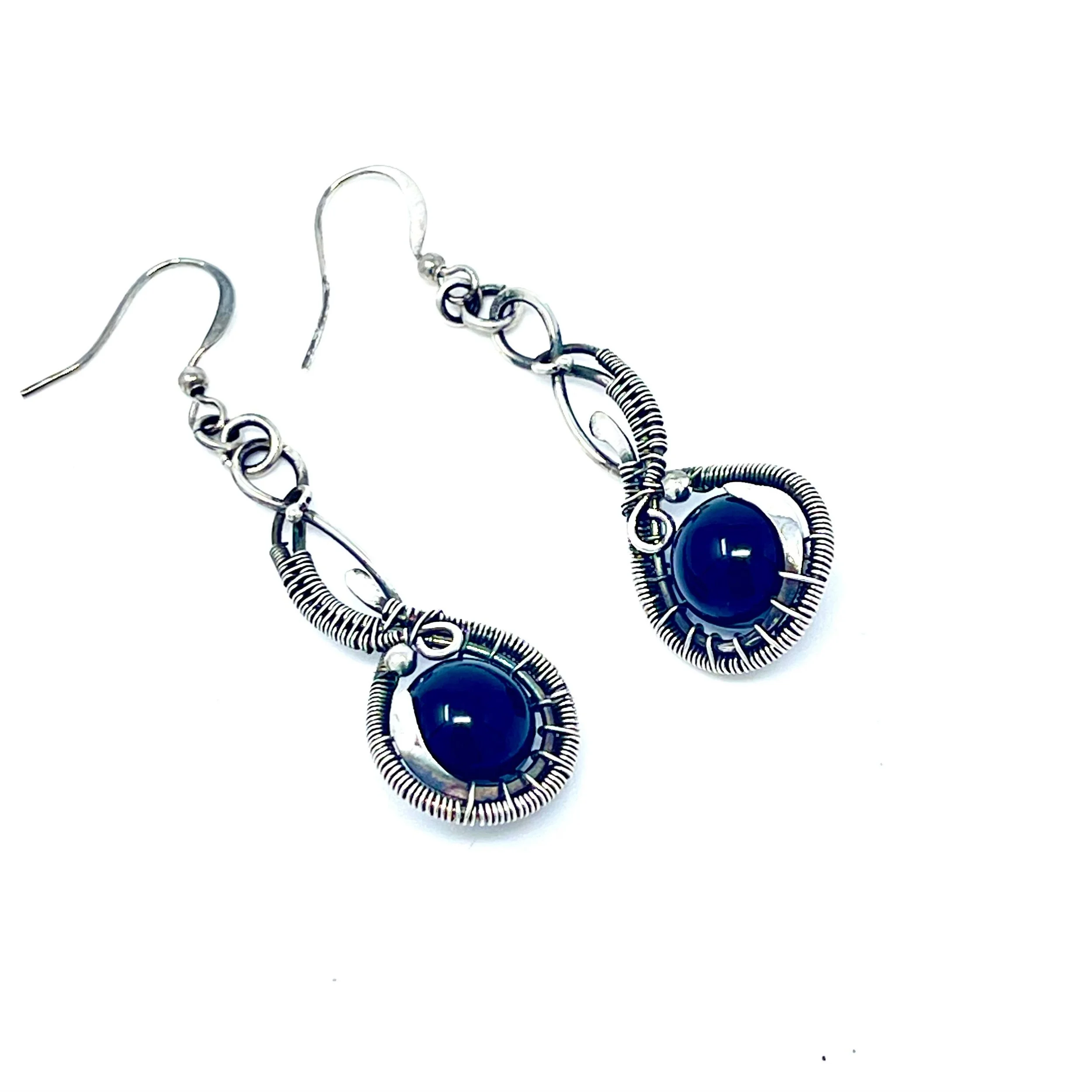 Handmade fine silver wire wrapped Black Agate gemstone bead earrings — $44