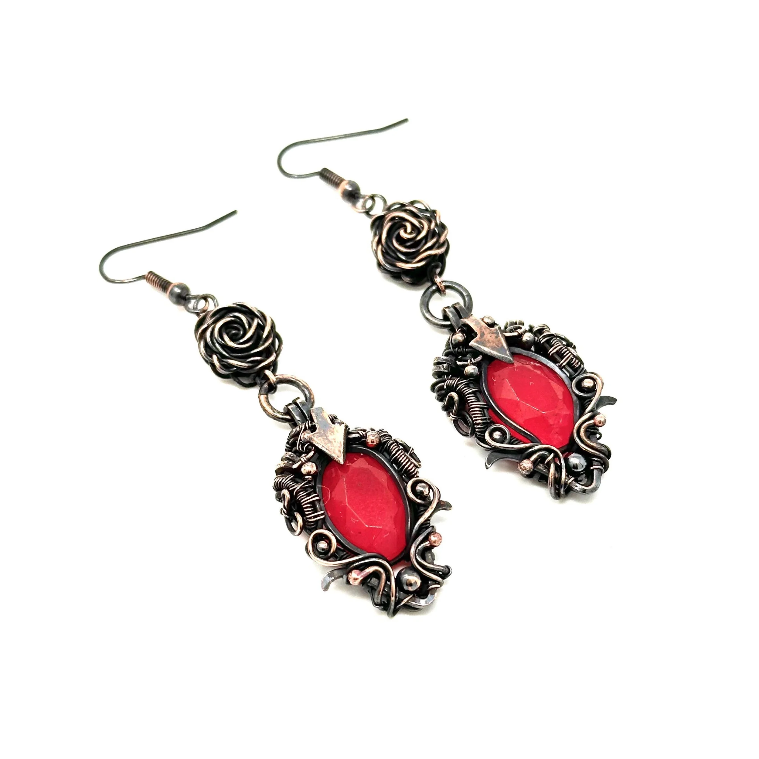 Handmade Wire Wrapped Deep Pink Quartz Crystal Earrings with Double-Sided Copper Rose Design — $180