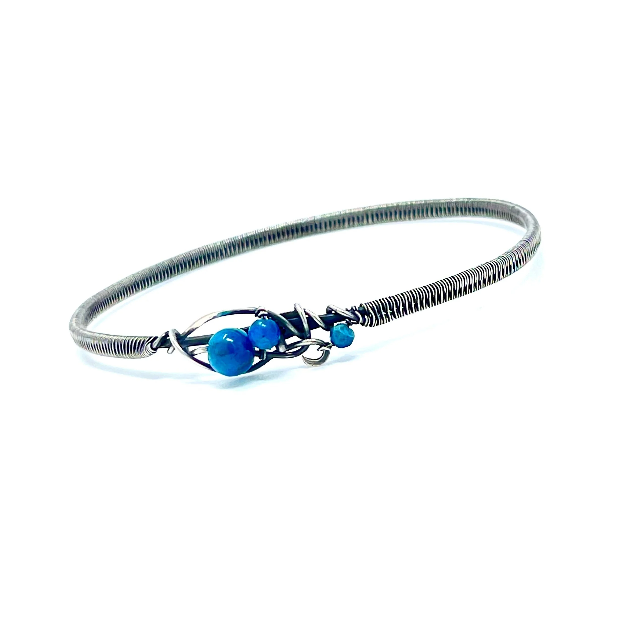 Apatite Gemstone beads Sterling silver wire wrapped Bangle — $93