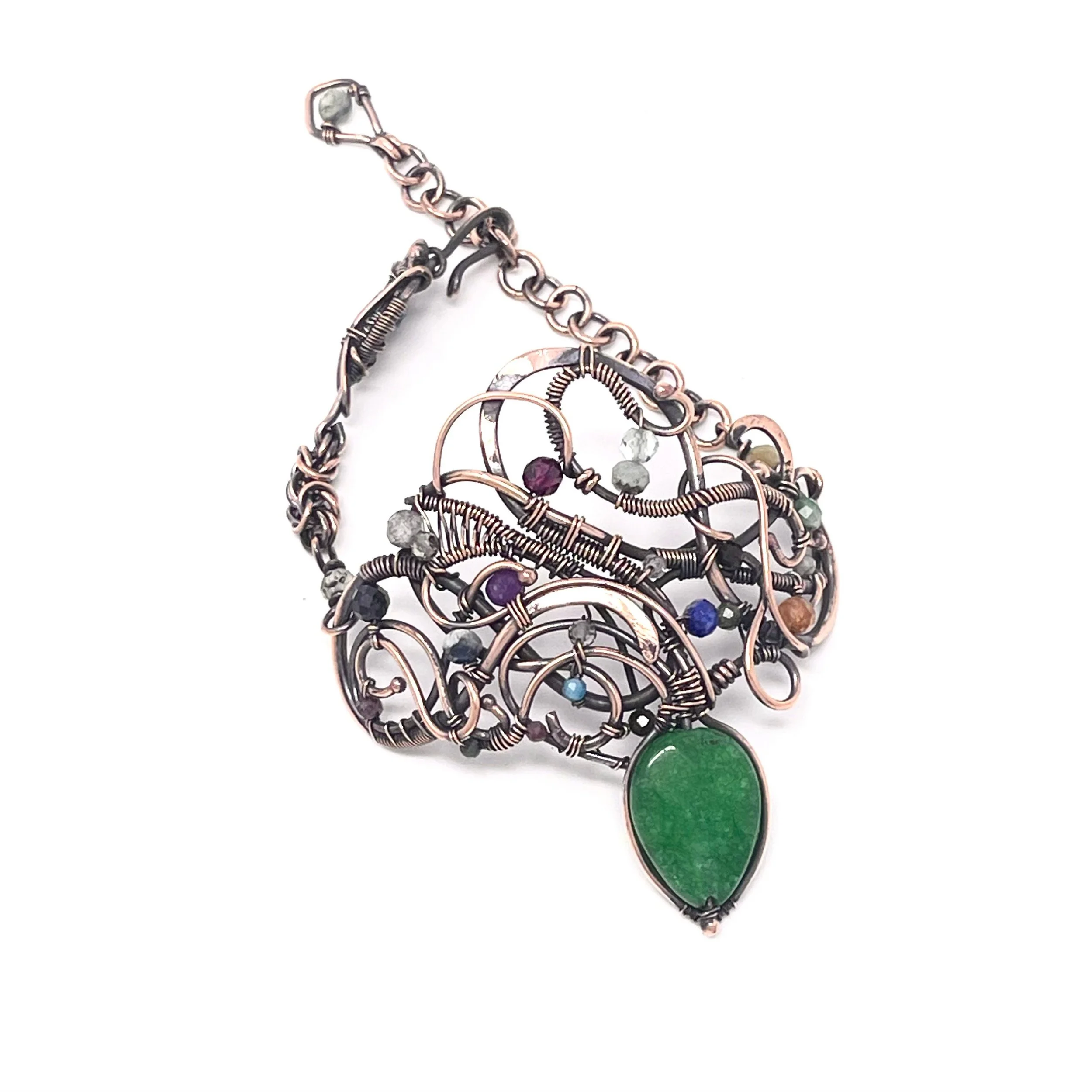 Green Jade gemstone copper cuff wire wrapped — $135