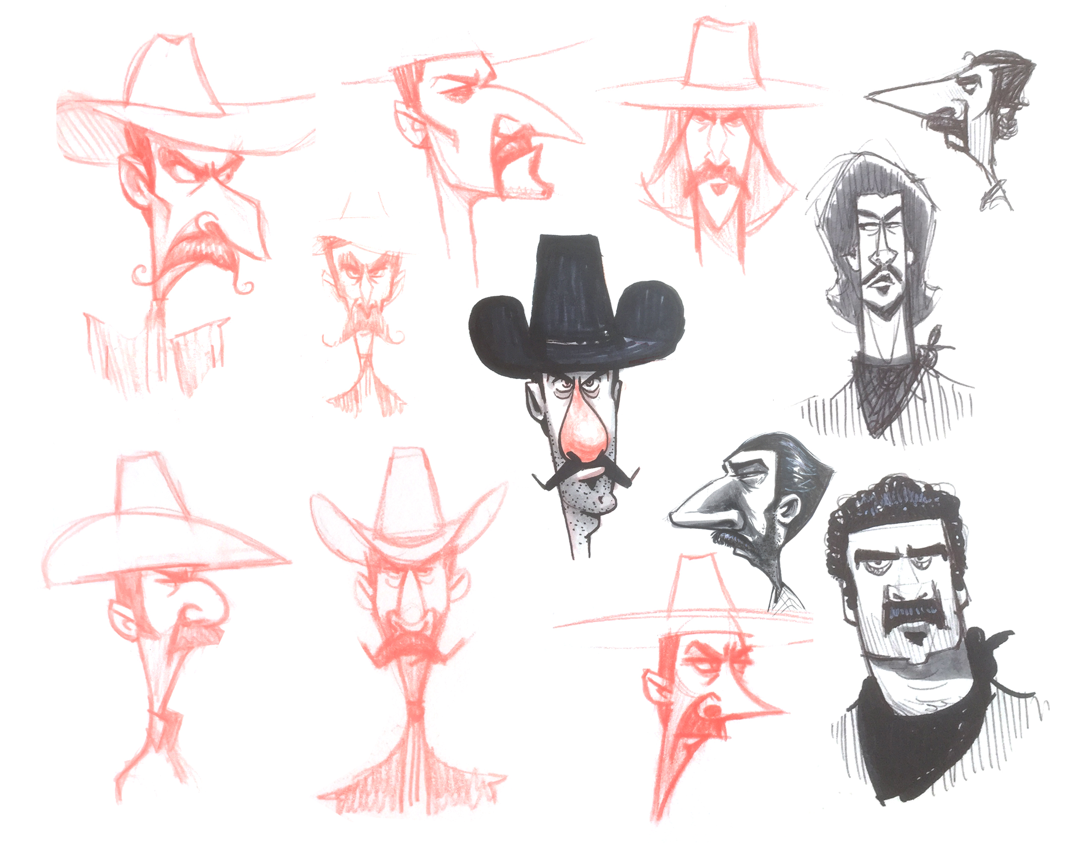 Exploratory character designs for El Pico, drawn while looking at reference photos