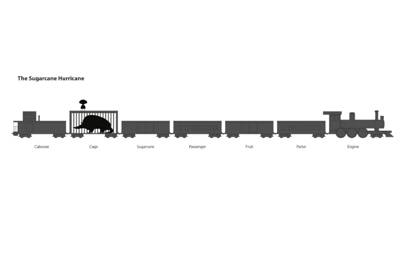 Early mockup to help us figure out order of train cars and scale of the characters in relation to the train.