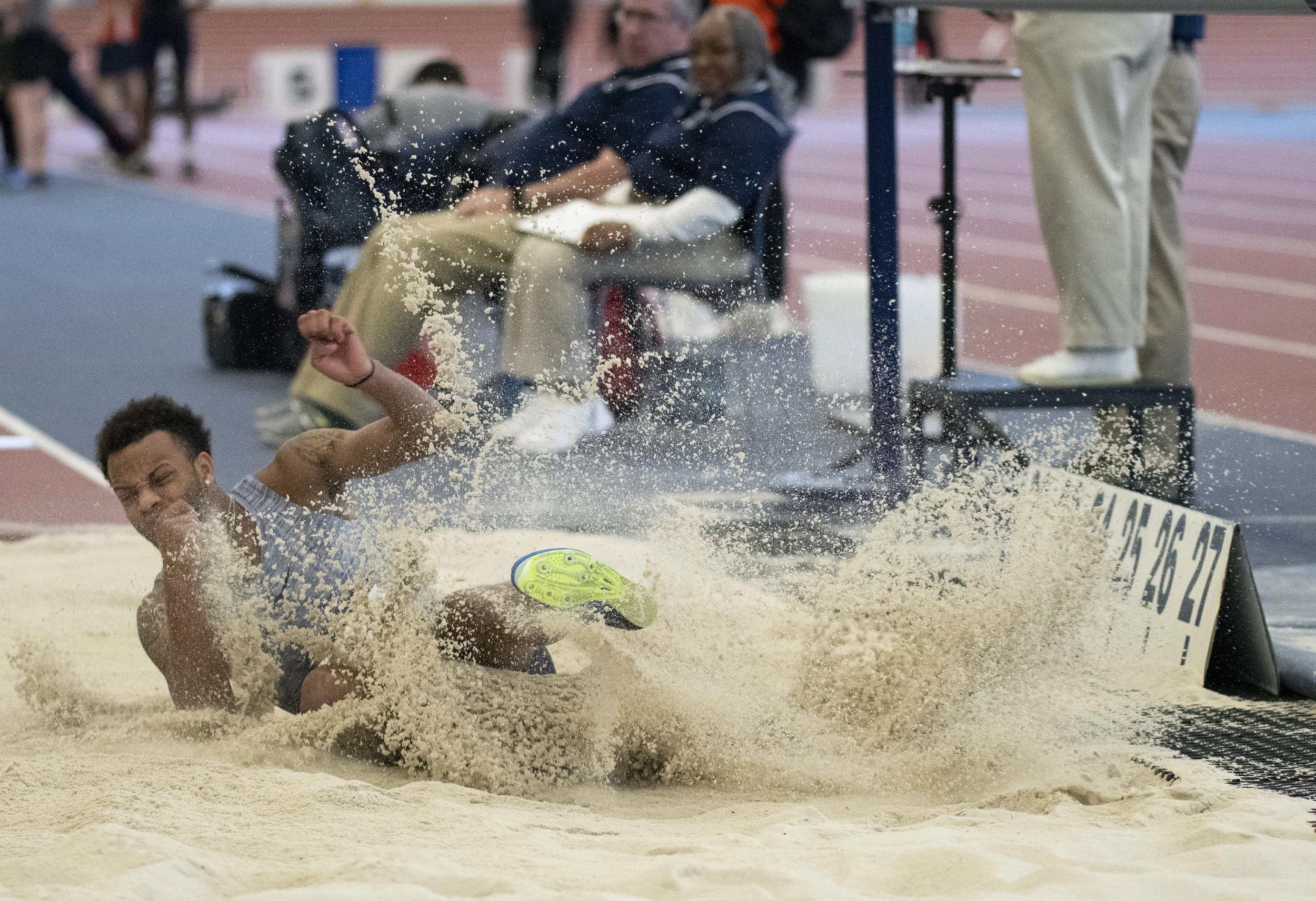 Long jumper Malik Moffett jumps during the Nittany Lion Challenge at the Horace Ashenfelter III Indoor Track on Saturday, Jan. 12, 2019. - Photo by: Noah Riffe