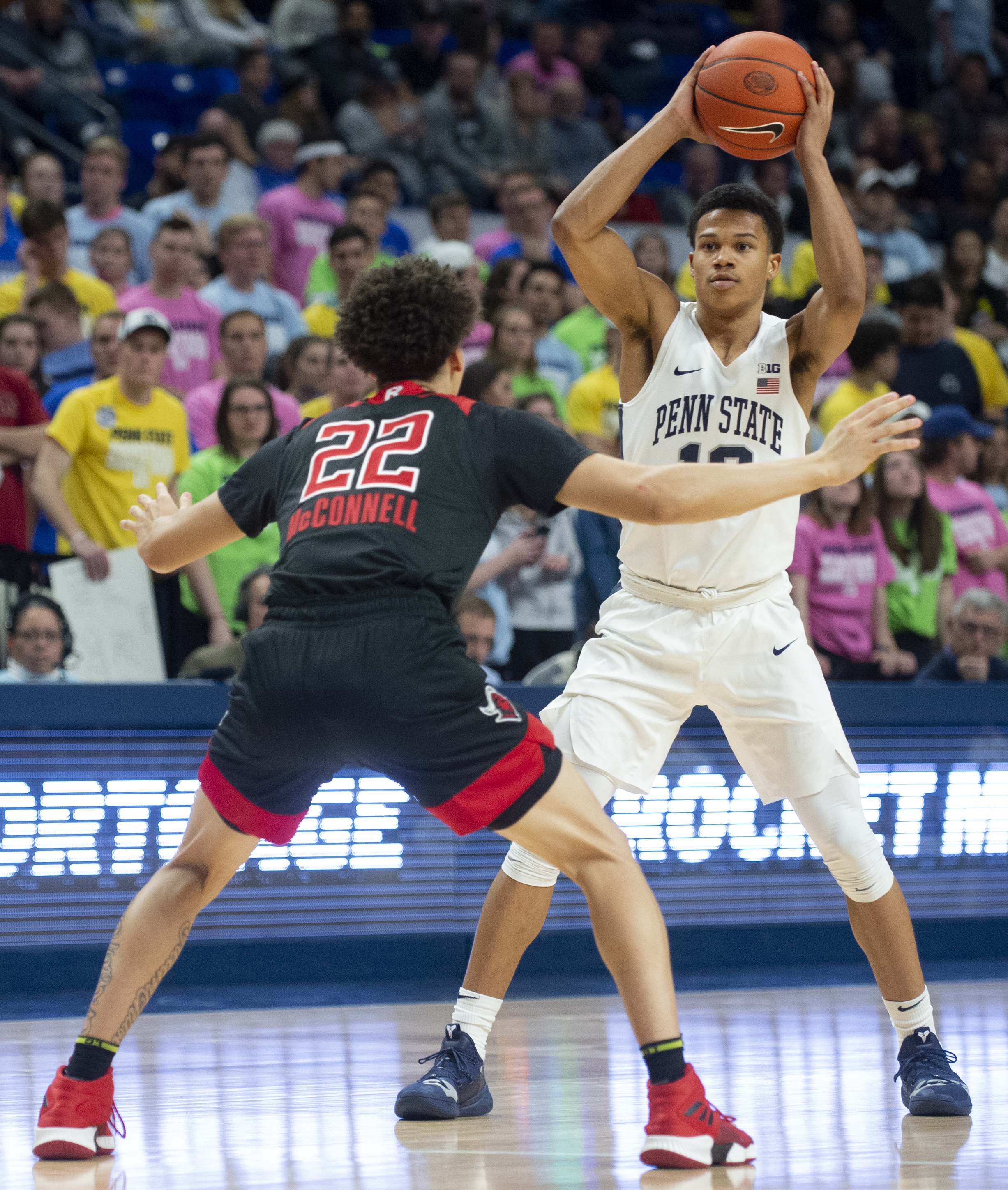 Guard Rasir Bolton (13) looks for a pass during their game against Rutgers at the Bryce Jordan Center on Saturday, Jan. 26, 2019. The Nittany Lions fall to Rutgers 64-60 and stay winless in conference play extending their losing streak to 7 games. | Photo by: Noah Riffe