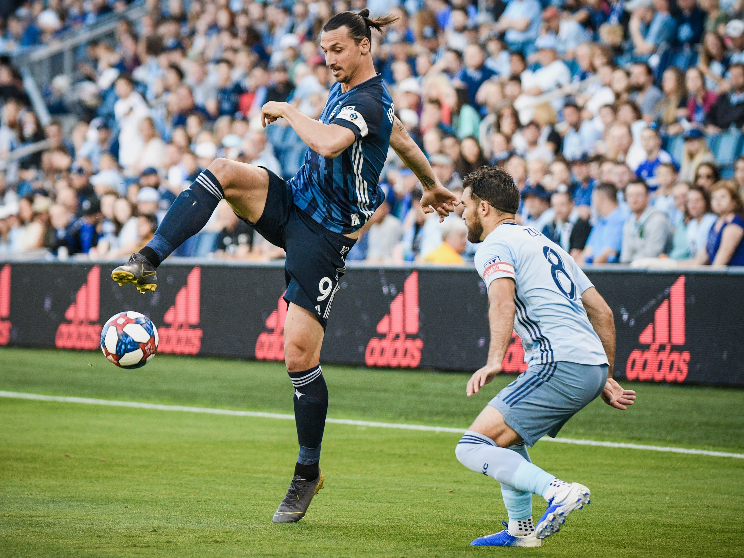 LA Galaxy striker Zlatan Ibrahimovic (9) controls the ball during the game against Sporting KC on Wednesday, May 29, 2019 at Children’s Mercy Park in Kansas City, Kansas. Sporting fell to the Galaxy 2-0.