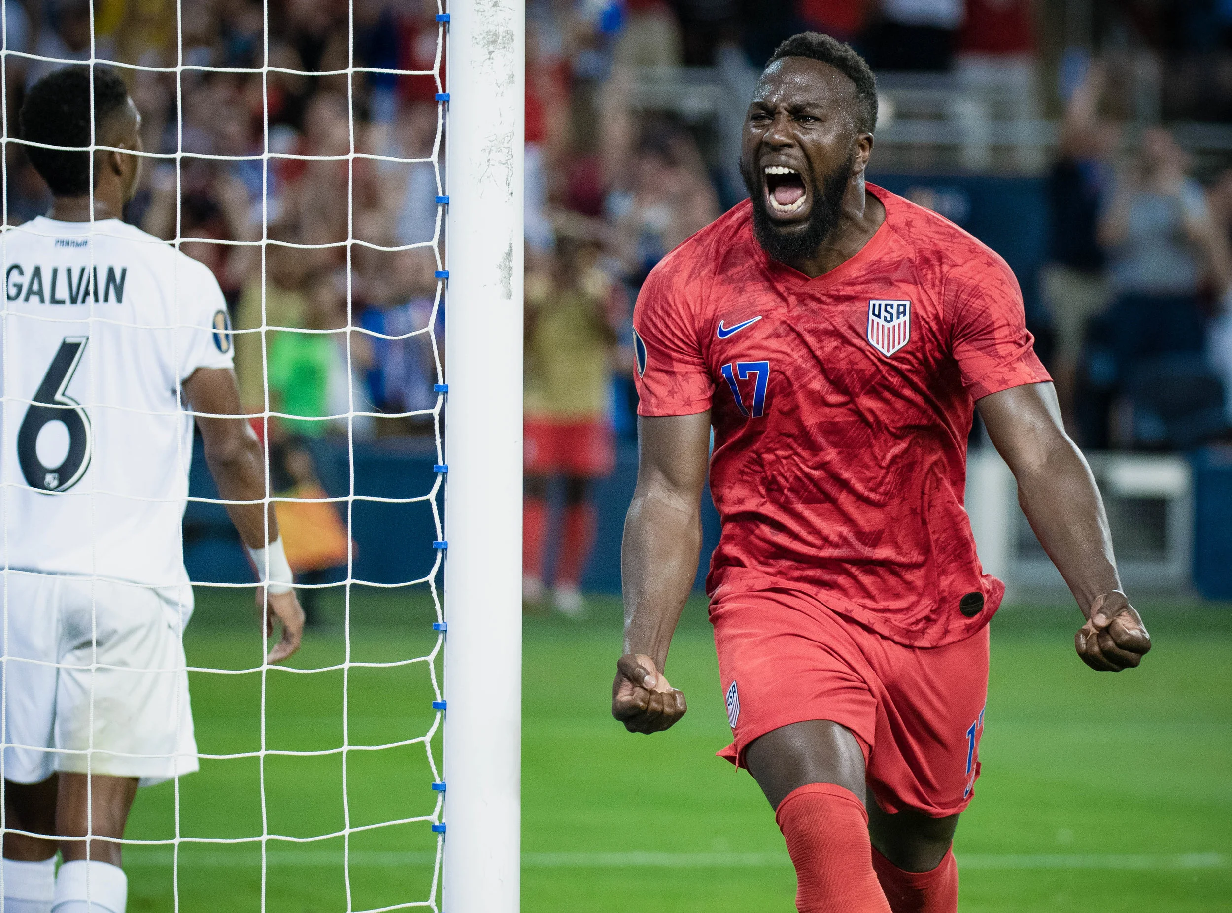 Jozy Altidore (17) celebrates during the United States vs. Panama, Gold Cup match on Wednesday, June 26, 2019 at Children's Mercy Park in Kansas City, Kansas. The U.S. defeated Panama 1-0 with a bicycle kick goal scored by Jozy Altidore in the 66th' minute.