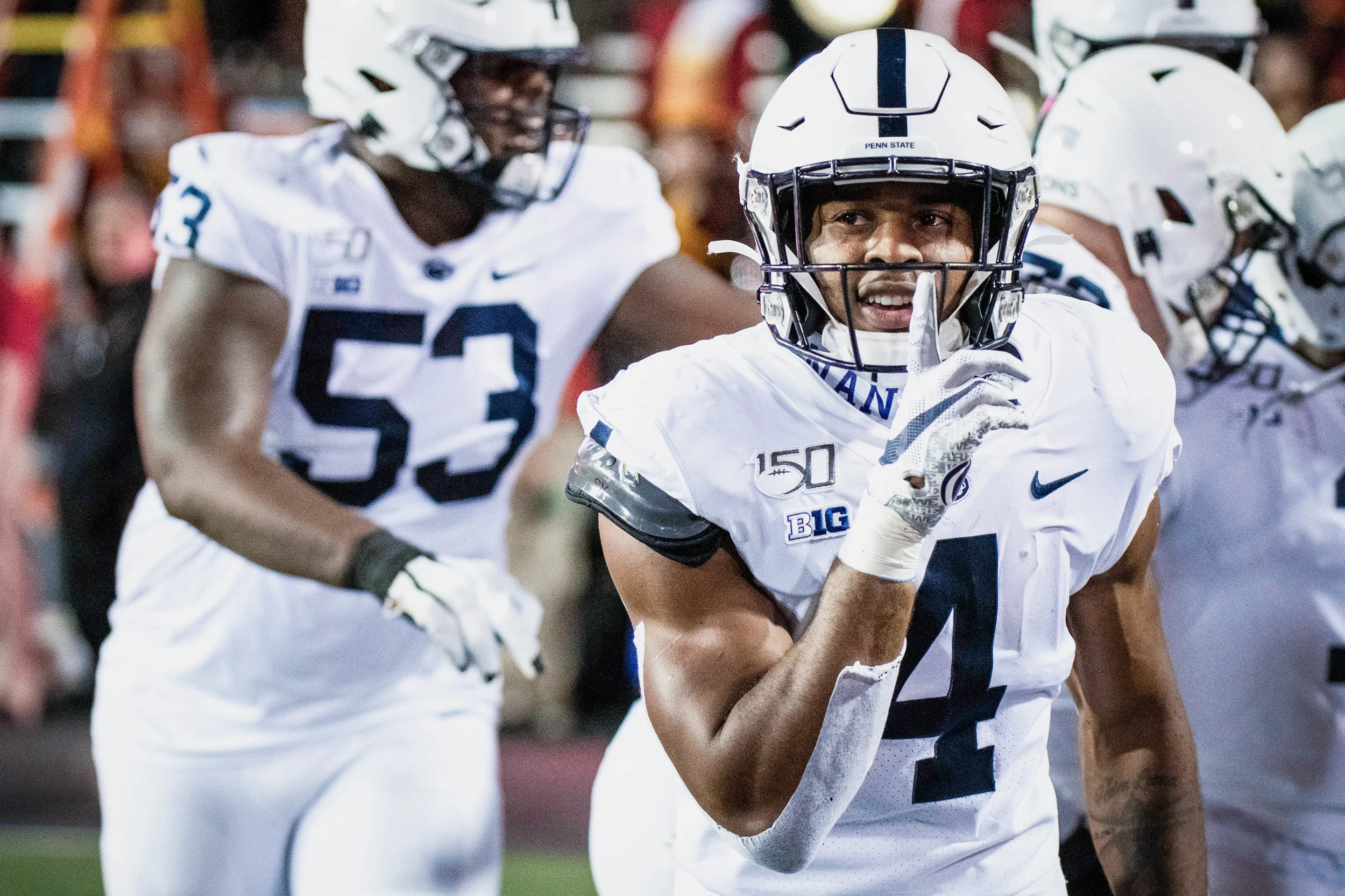 Penn State Nittany Lions running back Journey Brown (4) celebrates during the game against Maryland on Friday, Sept. 27, 2019 at Capital One Field in College Park, Md. The Nittany Lion's defeated the Terrapins 59-0. | Photo by: Noah Riffe