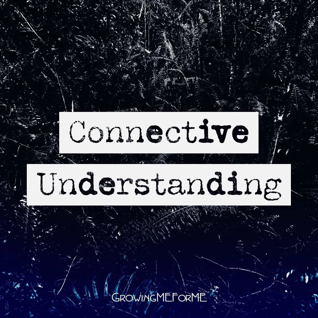 Text reading 'Connective Understanding' over a dark leafy background with the phrase 'GrowingMEForMe' at the bottom.