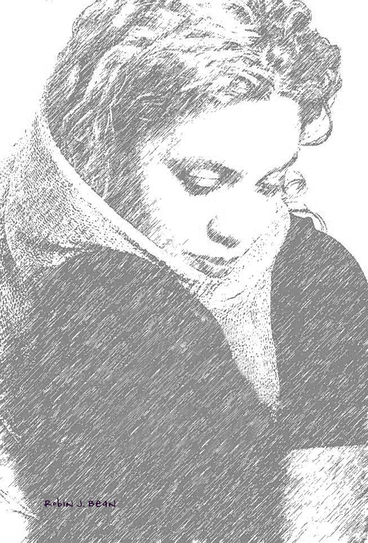 A sketch-style portrait of a woman with curly hair, looking sad, with the name Robin J. Bean written in purple at the bottom left.