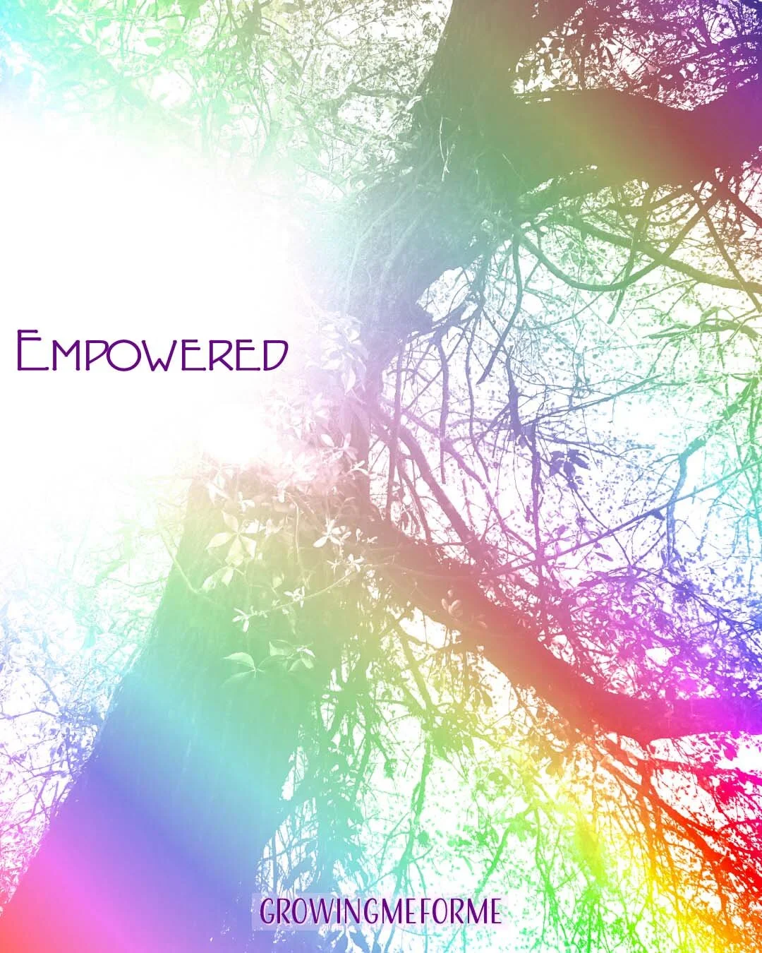 A colorful, abstract background featuring a large tree with many branches and leaves, with the word 'Empowered' and the phrase 'GrowingMeForMe' written in purple text.