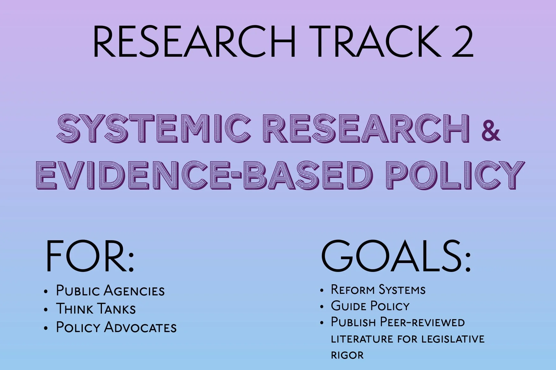 A digital presentation slide titled 'Research Track 2: Systemic Research & Evidence-Based Policy' with goals and target audiences listed, including public agencies, think tanks, policy advocates for the audience, and reform systems, guide policy, publish peer-reviewed literature for the goals.