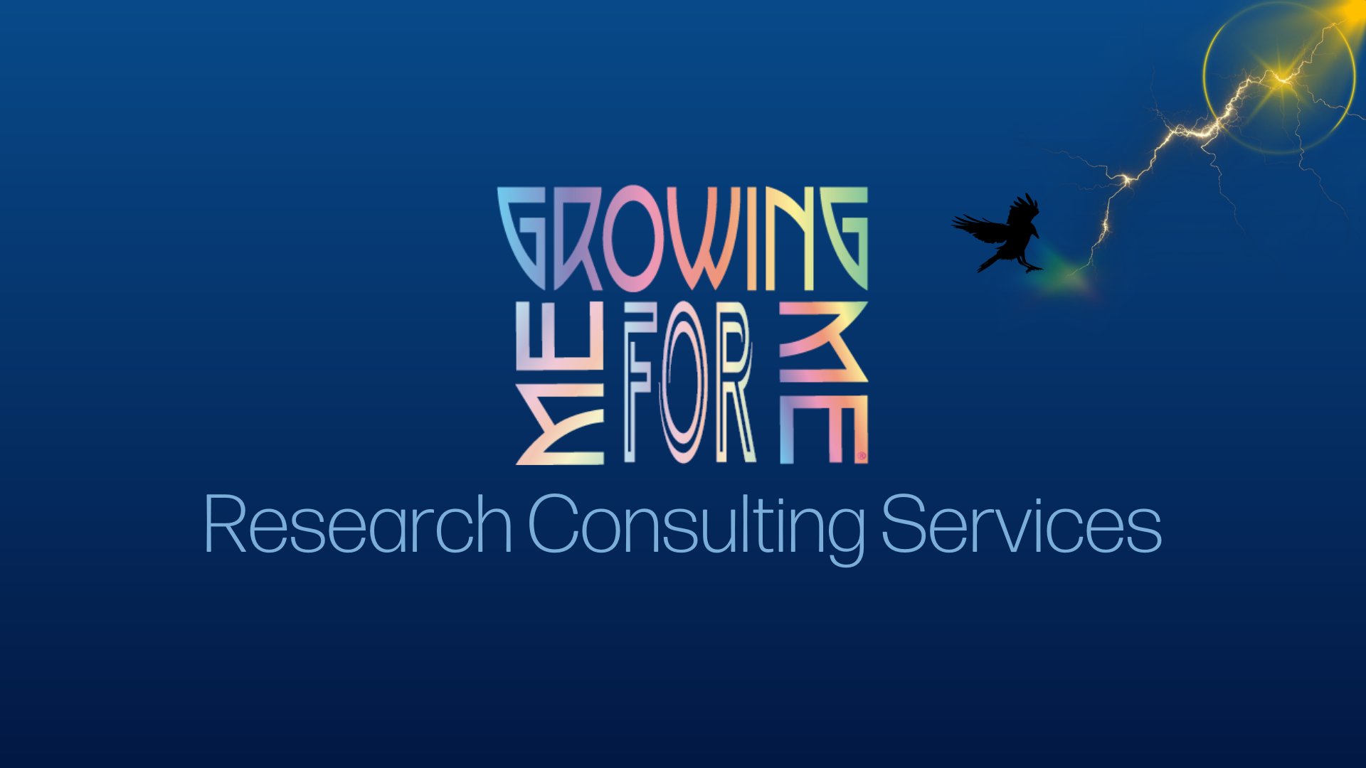 Colorful text 'Growing for Me' with lightning and a bird silhouette on a blue background, and the text 'Research Consulting Services' at the bottom.