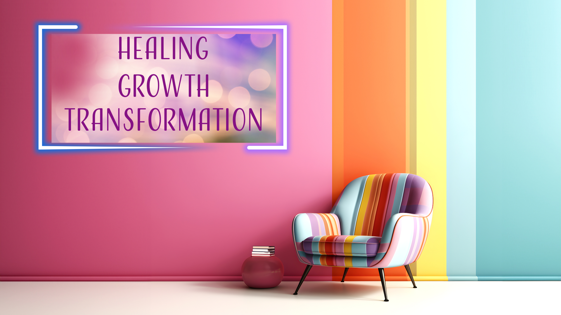 Colorful living room with pink wall, neon frame sign reading 'Healing Growth Transformation,' rainbow-striped chair, and books on a red side table