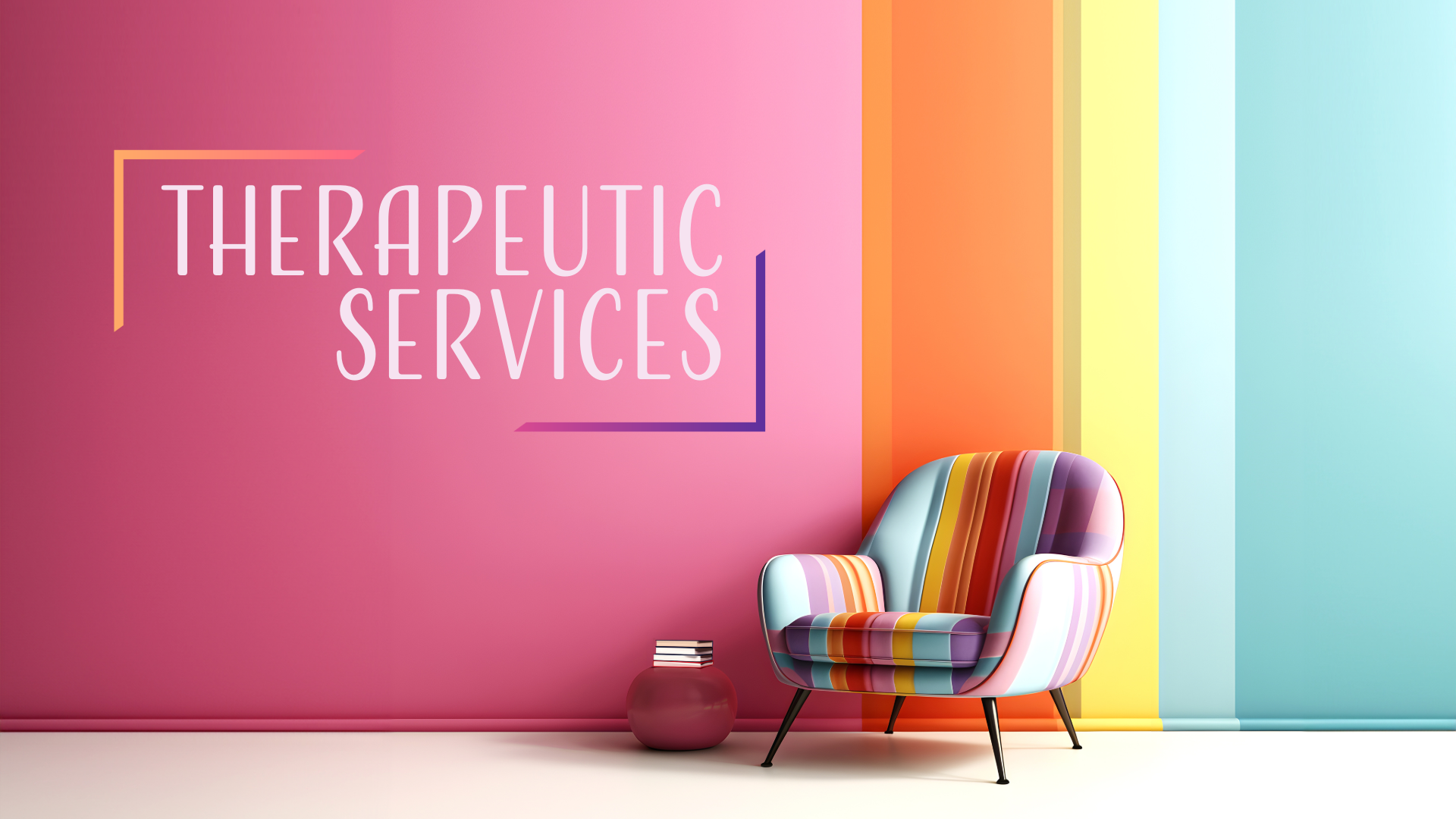 Colorful interior with pink wall and stripes of various colors on a chair, next to a small stack of books and a round red side table, with a sign reading 'Therapeutic Services'