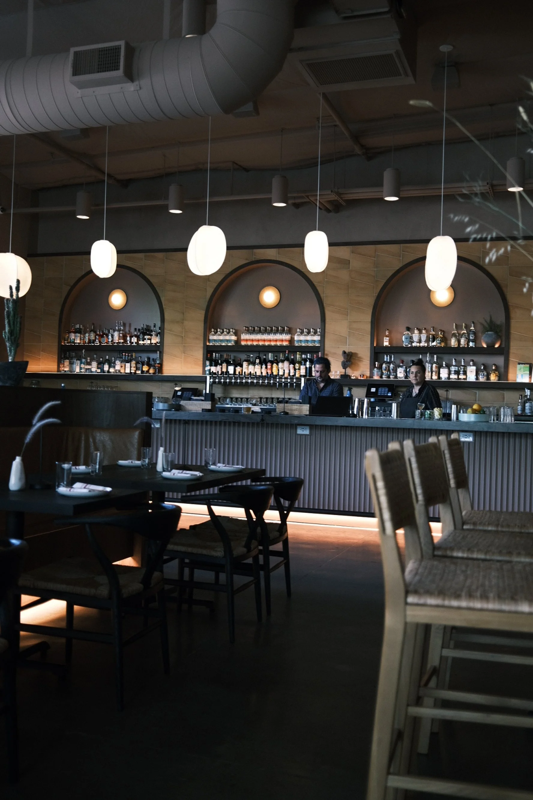 Fluted bar die and arched back-bar niches with paper pendants at Cantina Pedrigal