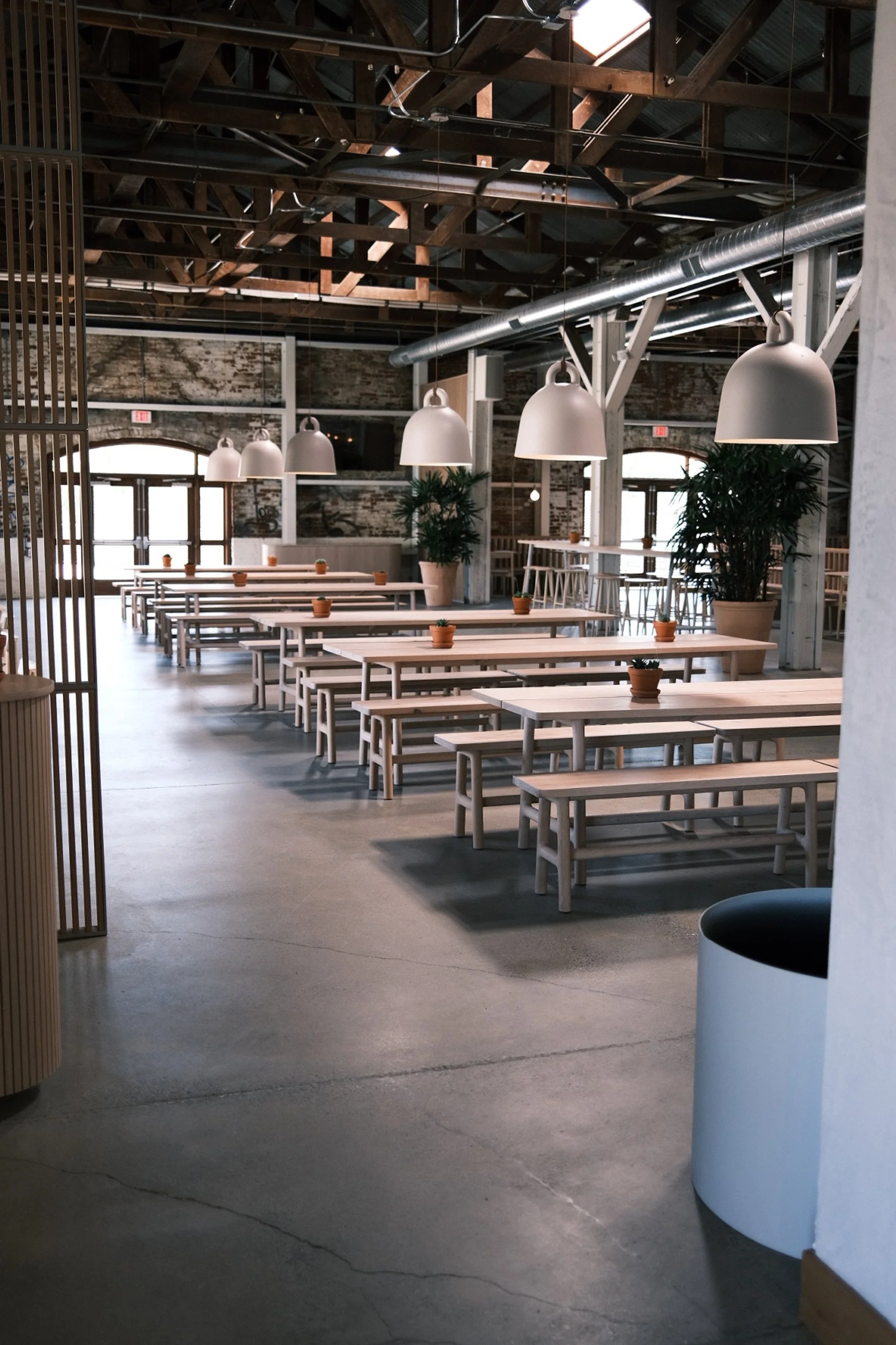 Rows of white oak communal tables and benches under bowl pendants at Slow and Low, Elk Grove