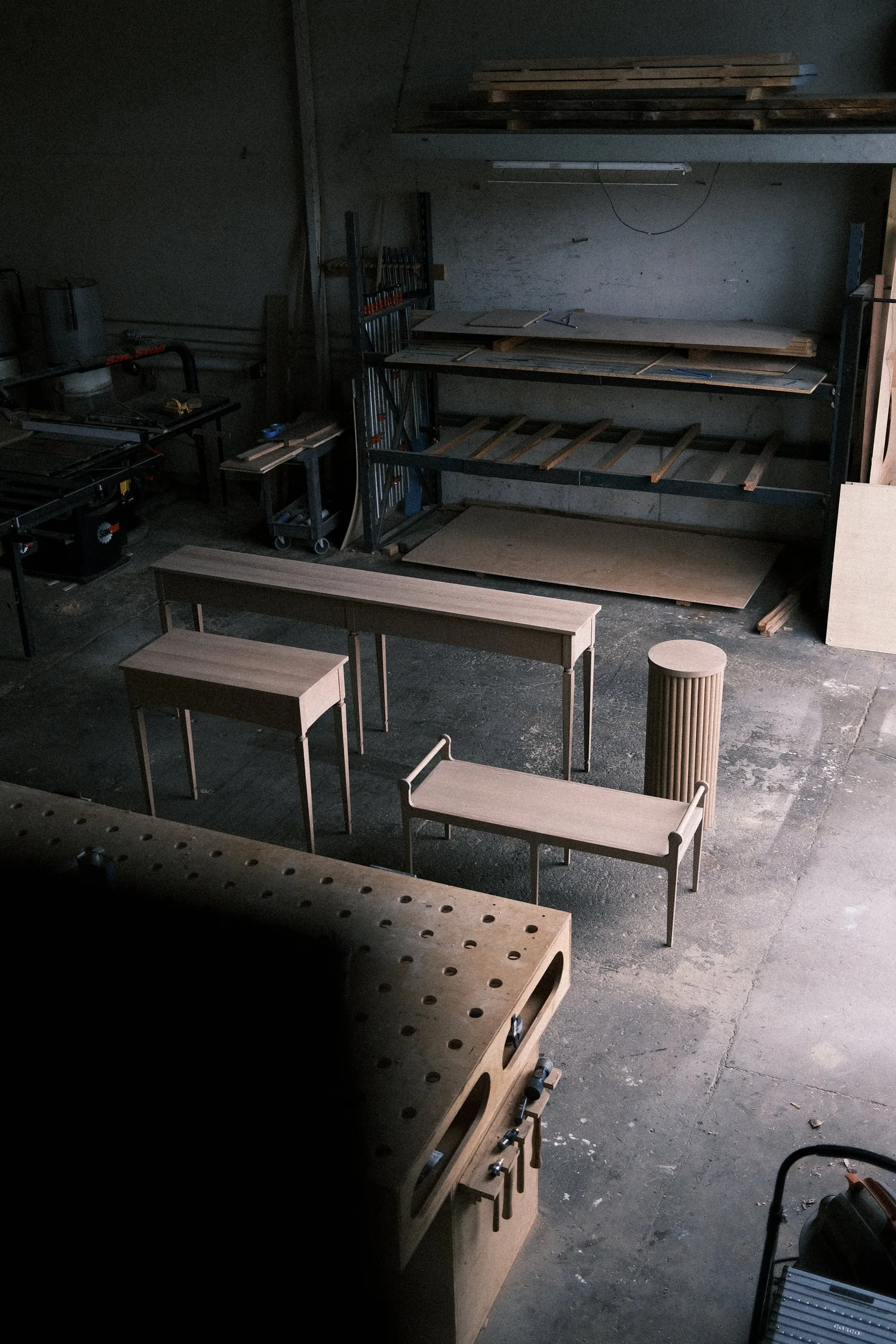 White oak console, bench and fluted pedestal in the PhillBuilt shop for The Kitchen