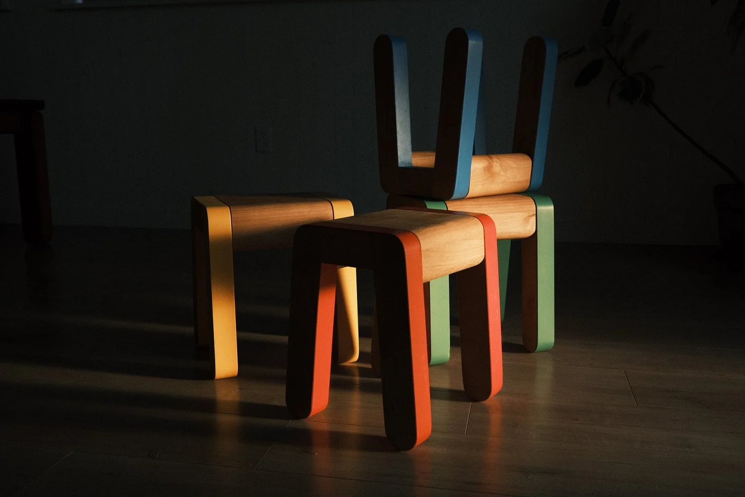 Primary Craft Stools: solid alder kids stools with red, blue, green and yellow legs