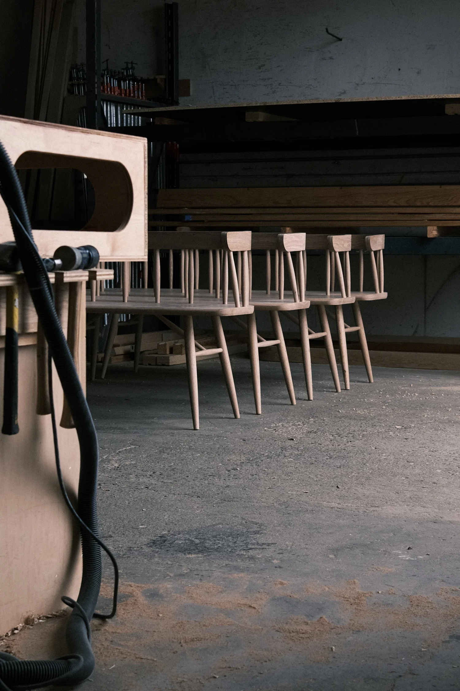 Production run of white oak spindle-back chairs for Okesutora in the shop