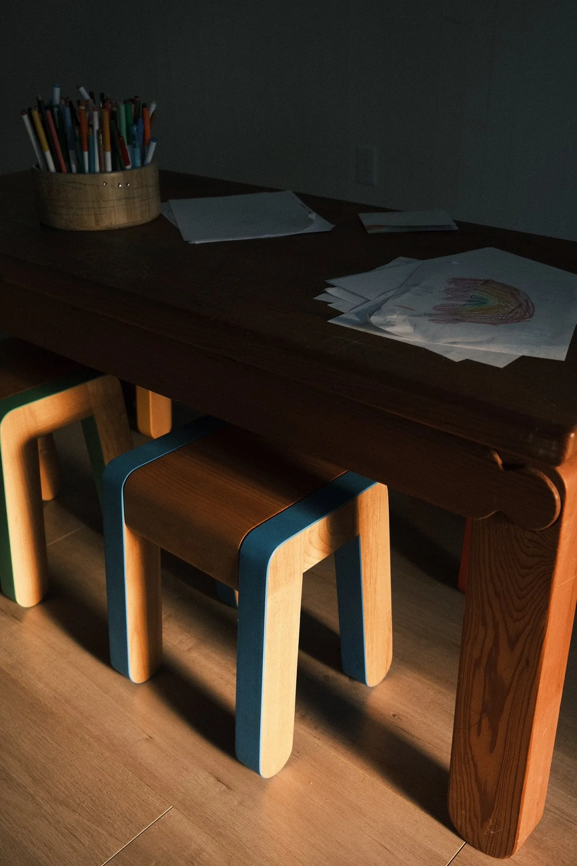 Solid alder kids stool with colored legs, handmade by PhillBuilt in California