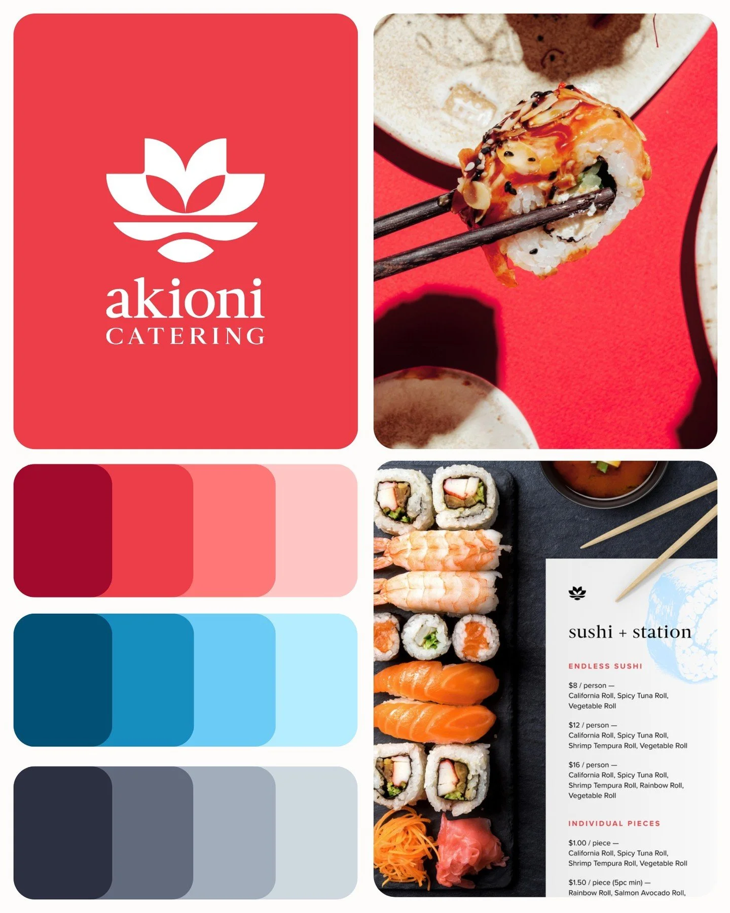 Japanese &amp; Hawaiian cuisine catering &mdash; Los Angeles, CA

This brand mood board was built on: A palette inspired by fish and sea, a punchy primary color to represent the lively energy of an event, and an air of high-end sophistication through