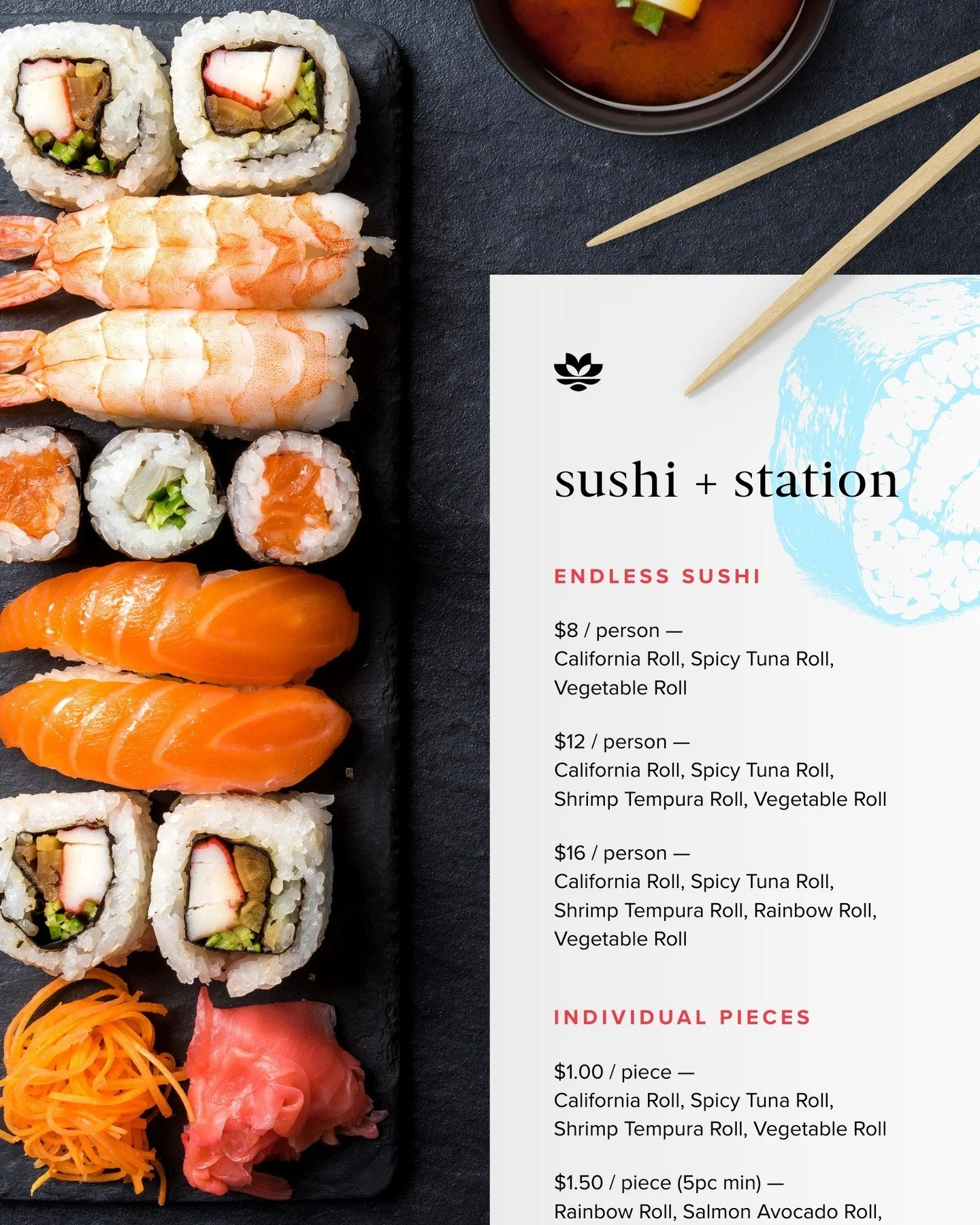 Japanese &amp; Hawaiian cuisine catering &mdash; Los Angeles, CA

This brand mood board was built on: A palette inspired by fish and sea, a punchy primary color to represent the lively energy of an event, and an air of high-end sophistication through