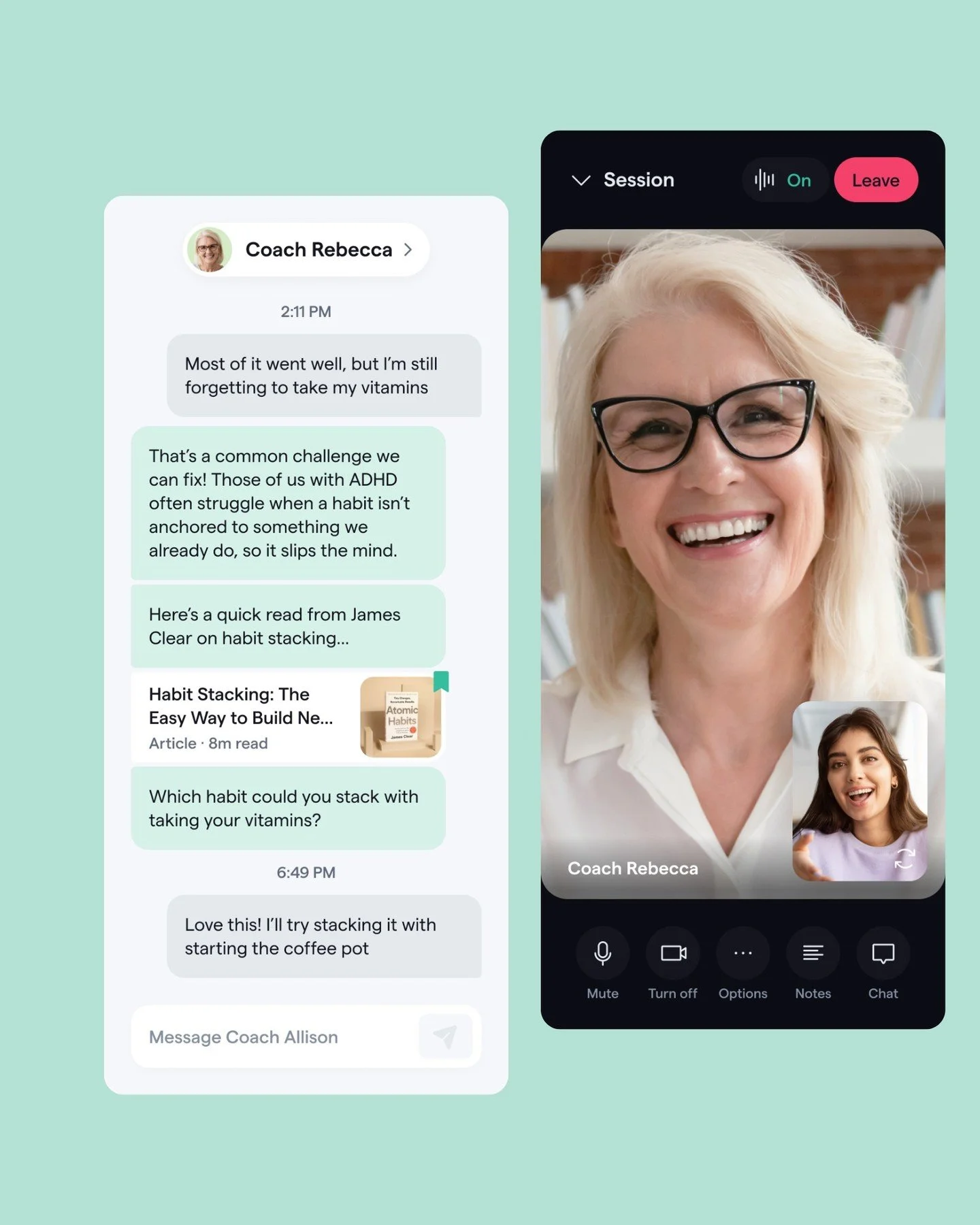 Feature: AI-enhanced 1:1 ADHD Coaching calls where discussions automatically convert into notes, action items, and highlight cards.

AI summarization sits at the core of the experience, automatically converting coaching discussions into notes and act