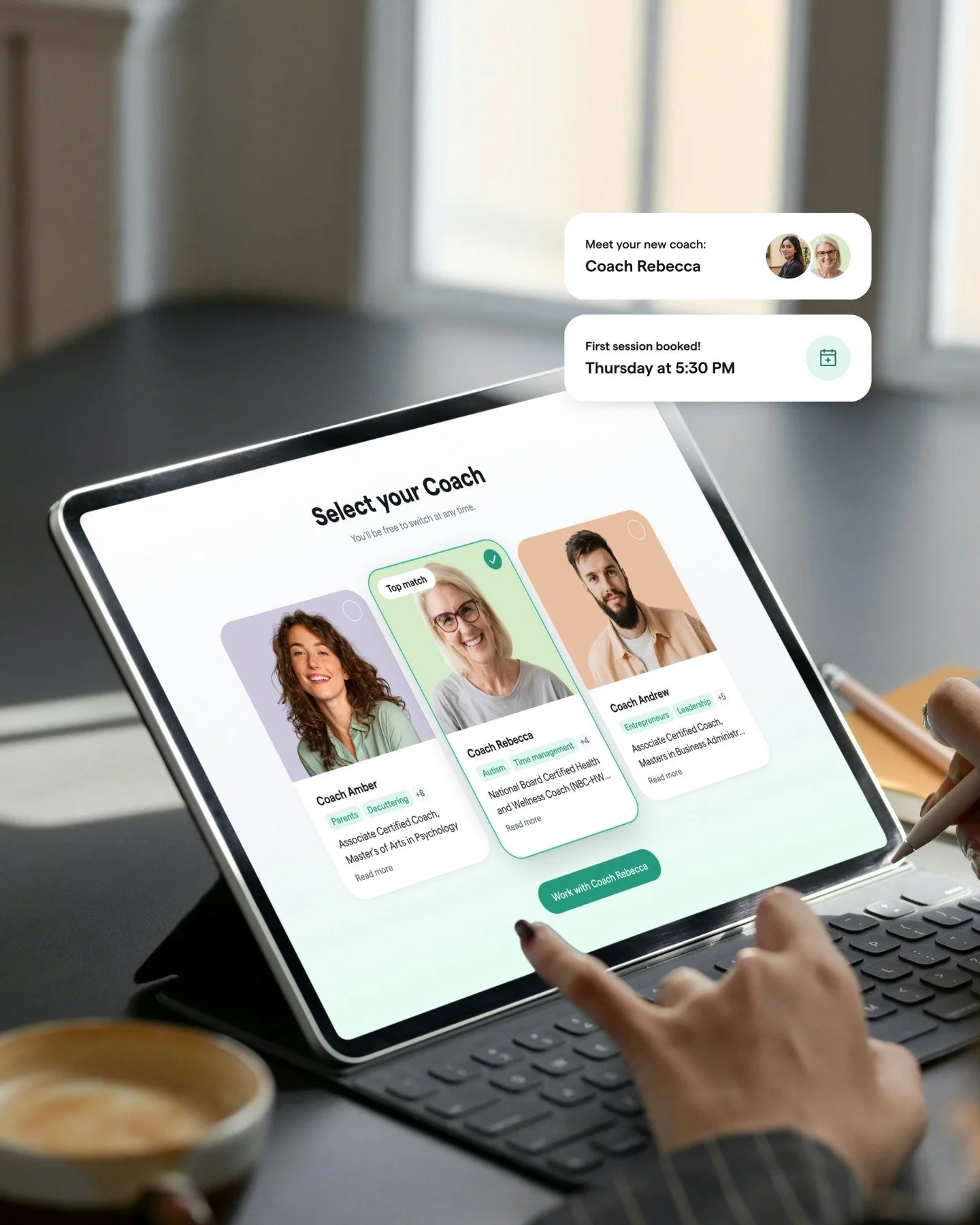 Feature: AI-enhanced 1:1 ADHD Coaching calls where discussions automatically convert into notes, action items, and highlight cards.

AI summarization sits at the core of the experience, automatically converting coaching discussions into notes and act