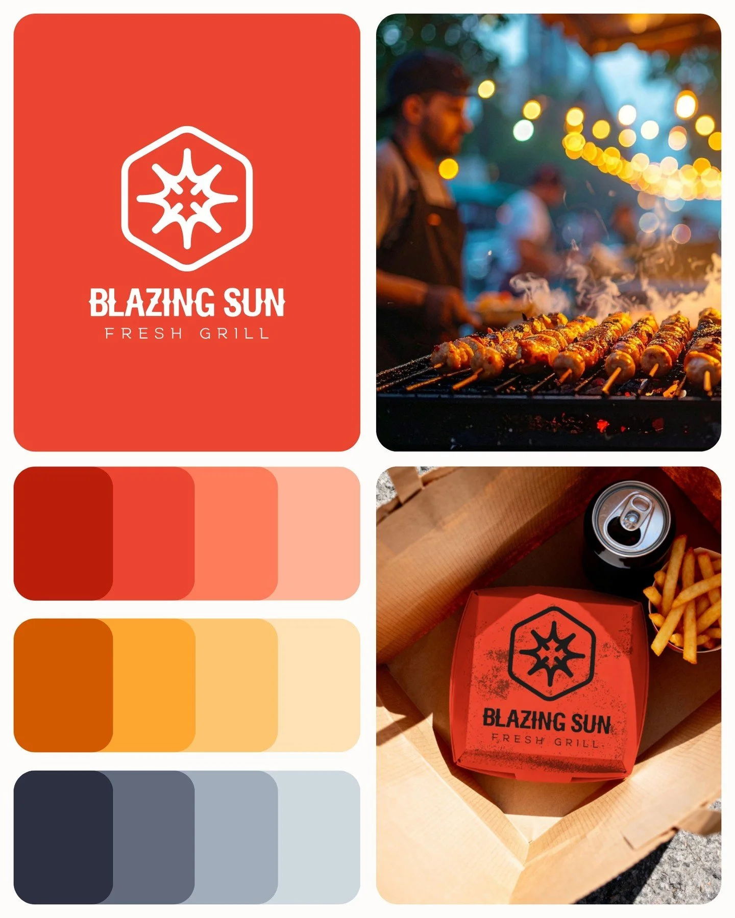 Fresh grill food truck &mdash; San Bernardino, CA

This brand mood board was built on: Spicy colors for the hot grill and California desert, a masculine edge with the charcoal and rustic textures, and Southwestern decor-inspired lines &amp; shapes.