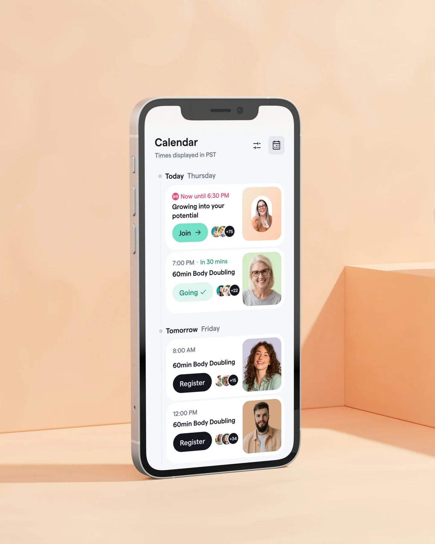 Feature: A place where workshops, panels, and body doubling sessions are organized for members to register for individual events or ongoing series.

Registration is kept intentionally frictionless, with no forms required, to lower the barrier to sign